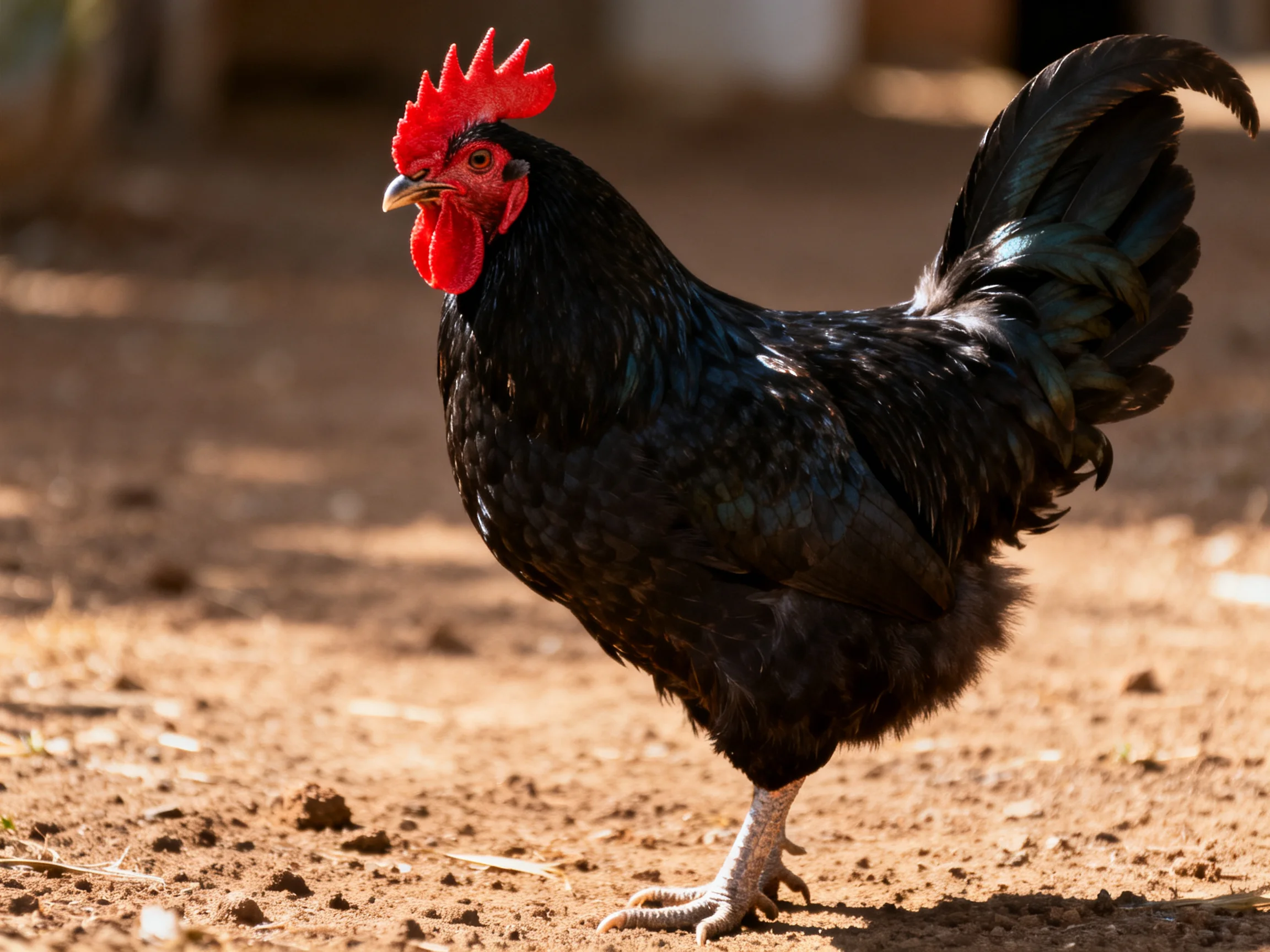 Glossy black rooster with bright redcomb on sunlit dirt