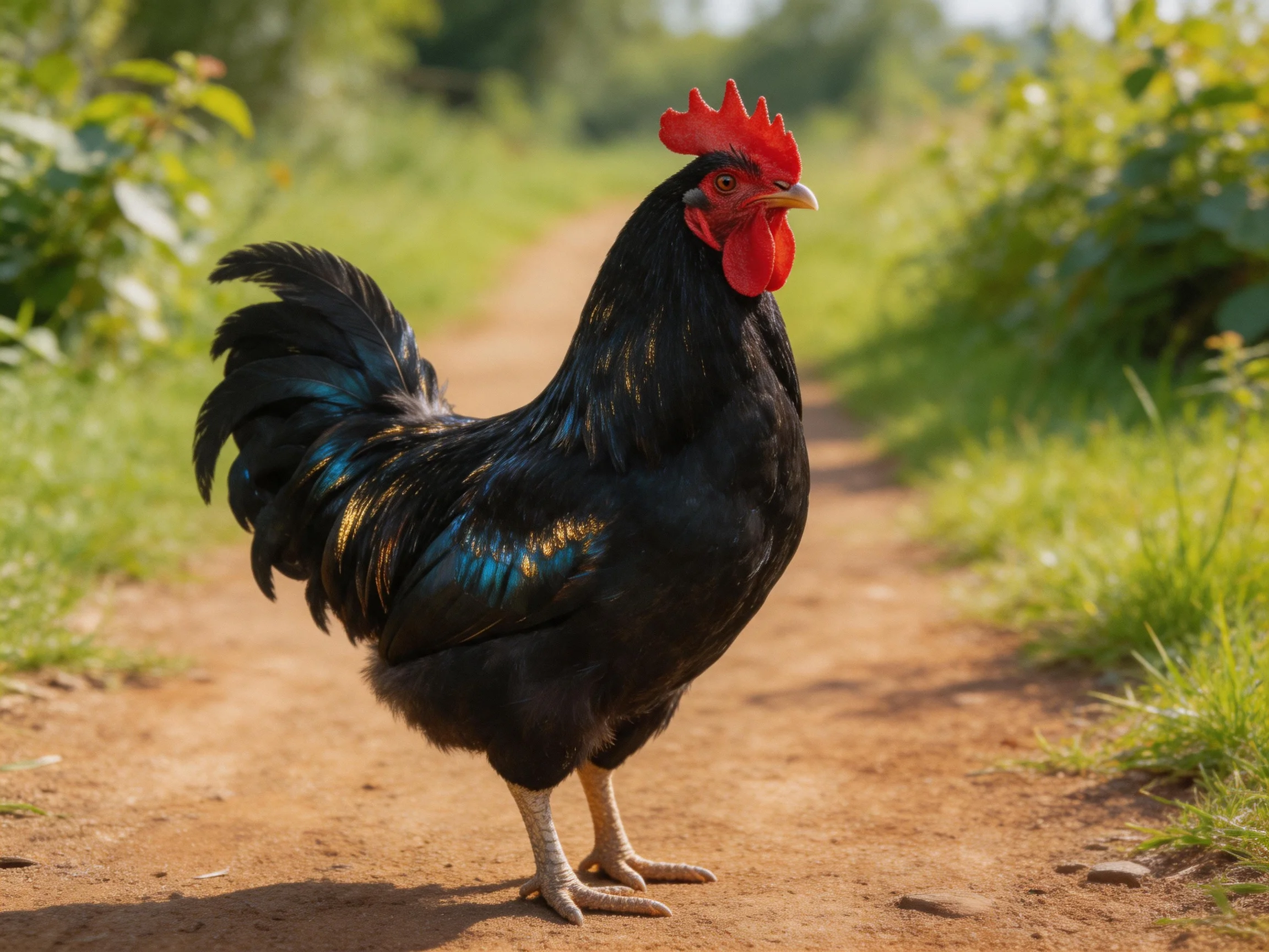 A glossy black rooster with red comb stands on a sunlit dirt path surrounded by greenery.