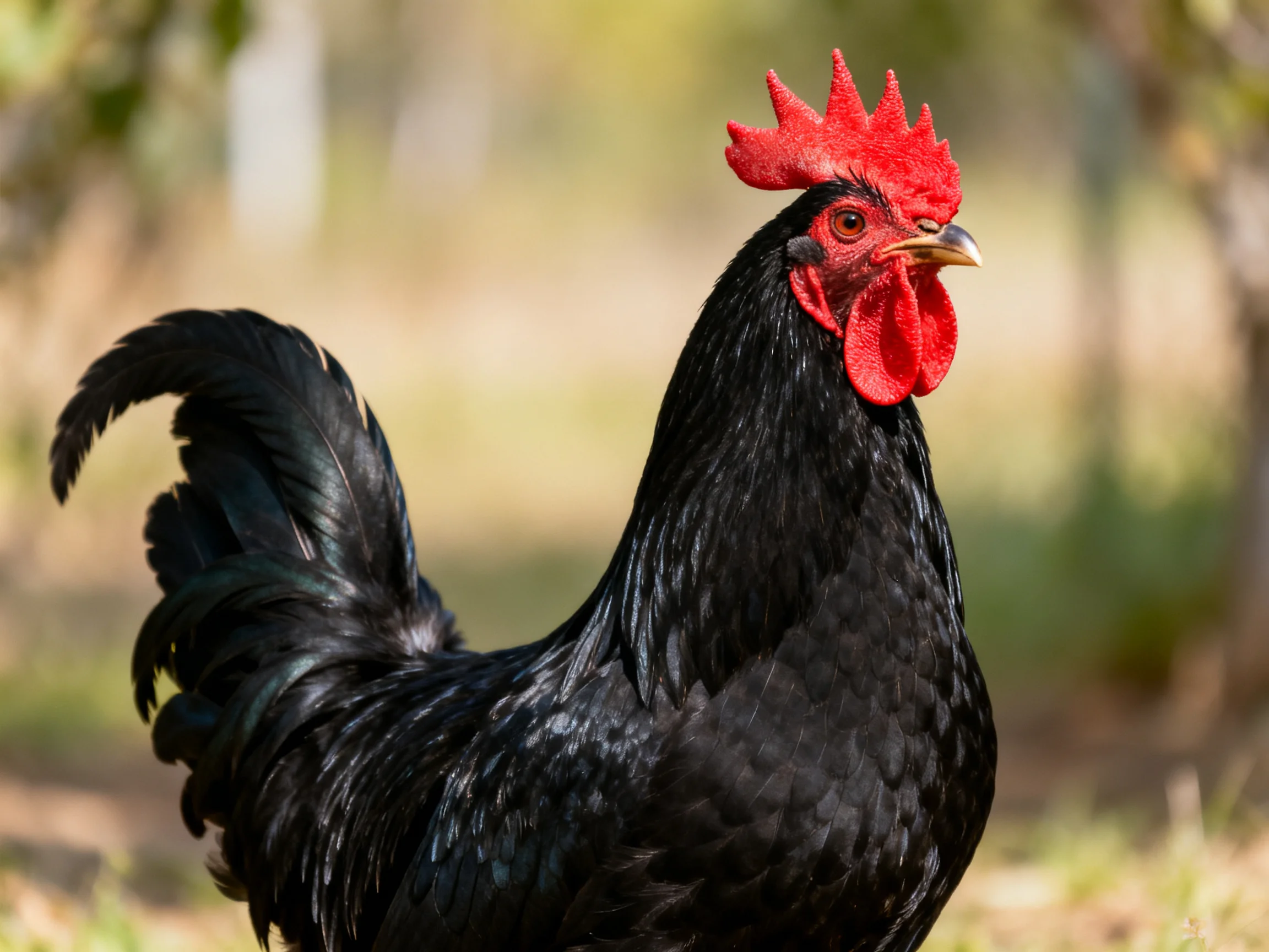 Glossy black rooster with vibrant red comb and wattles