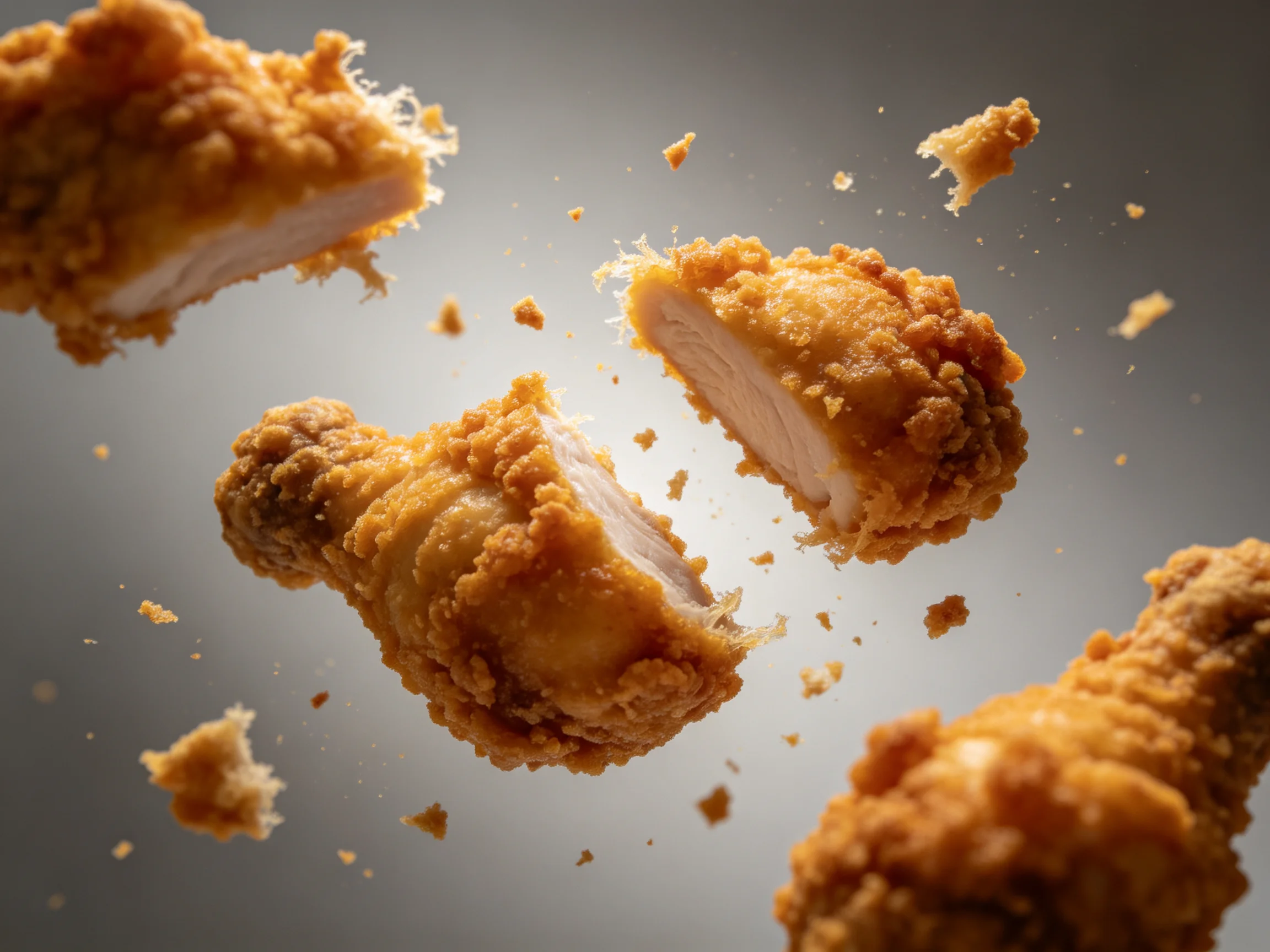 Fried chicken pieces float in mid-air surrounded by crumbs.