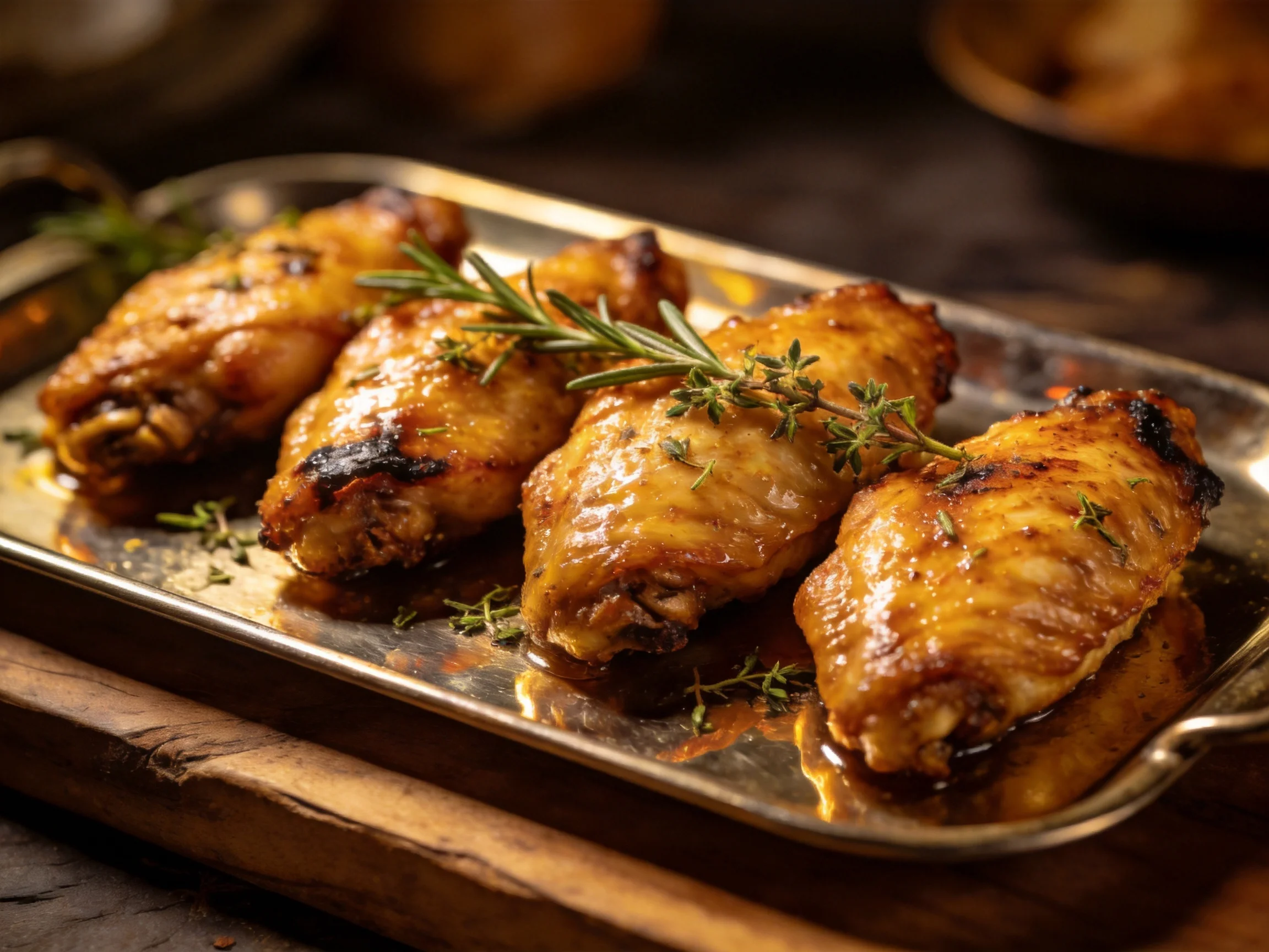 Grilled chicken wings garnished with herbs served on a metallic tray