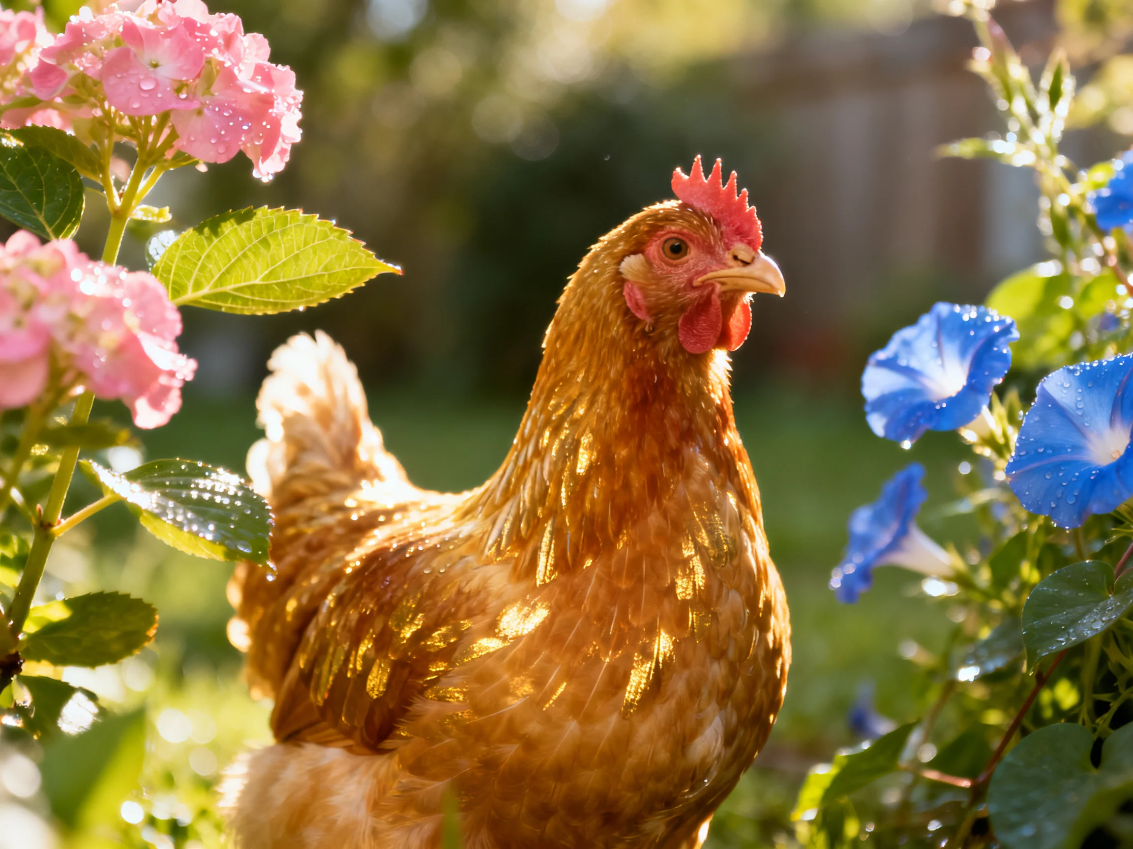 Golden-brown hen amid pink and blue blooms in sunlit garden