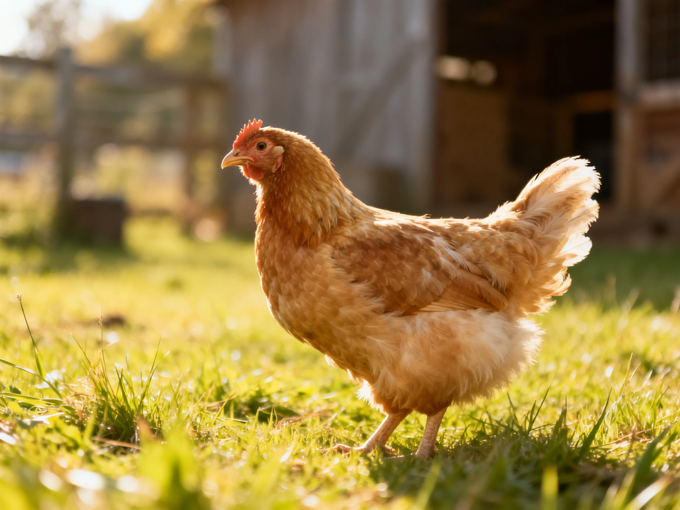 Golden-brown hen roams sunlit grass near rustic barn