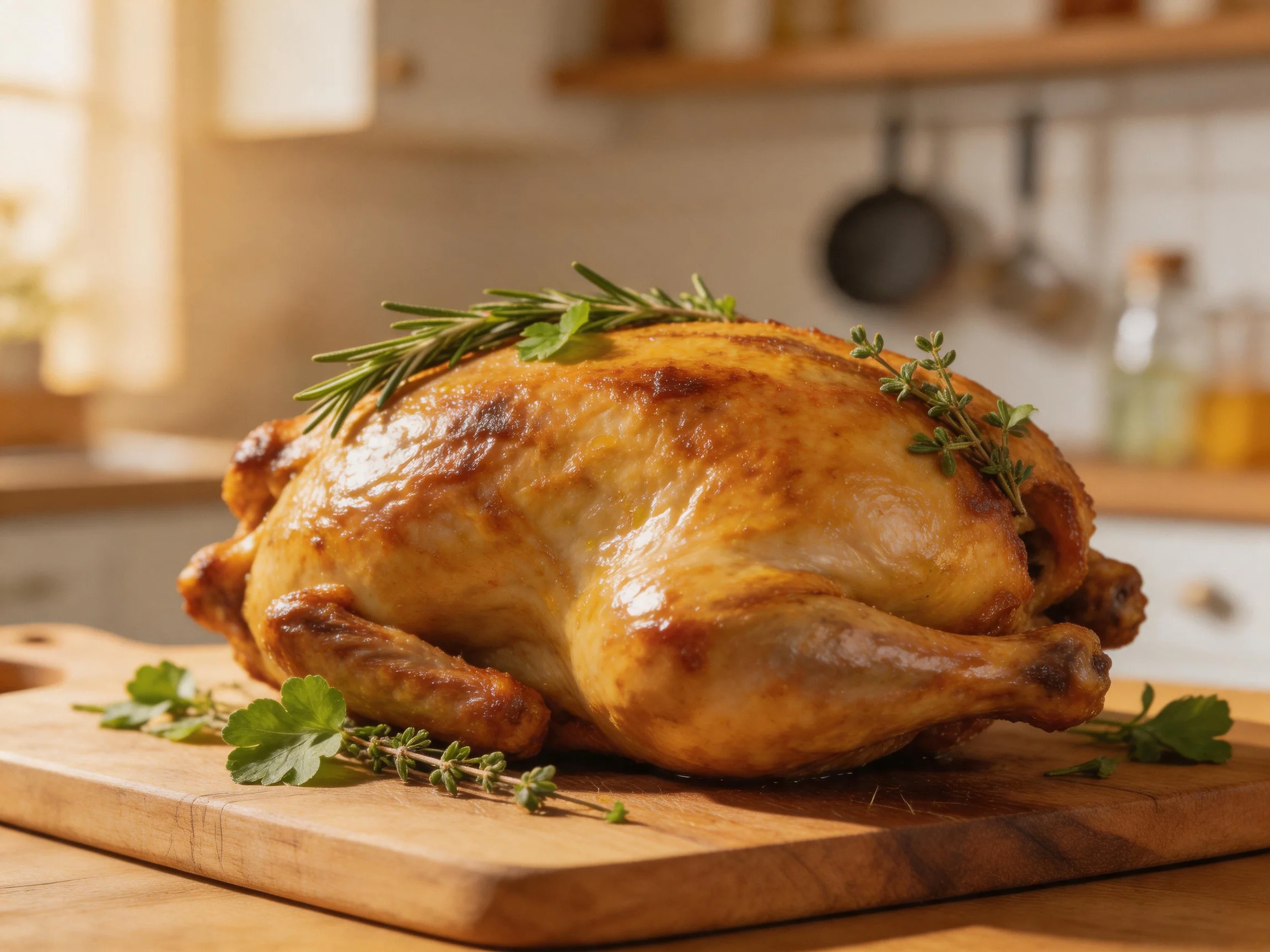 Golden-brown roasted chicken adorned with fresh herbs on a wooden board