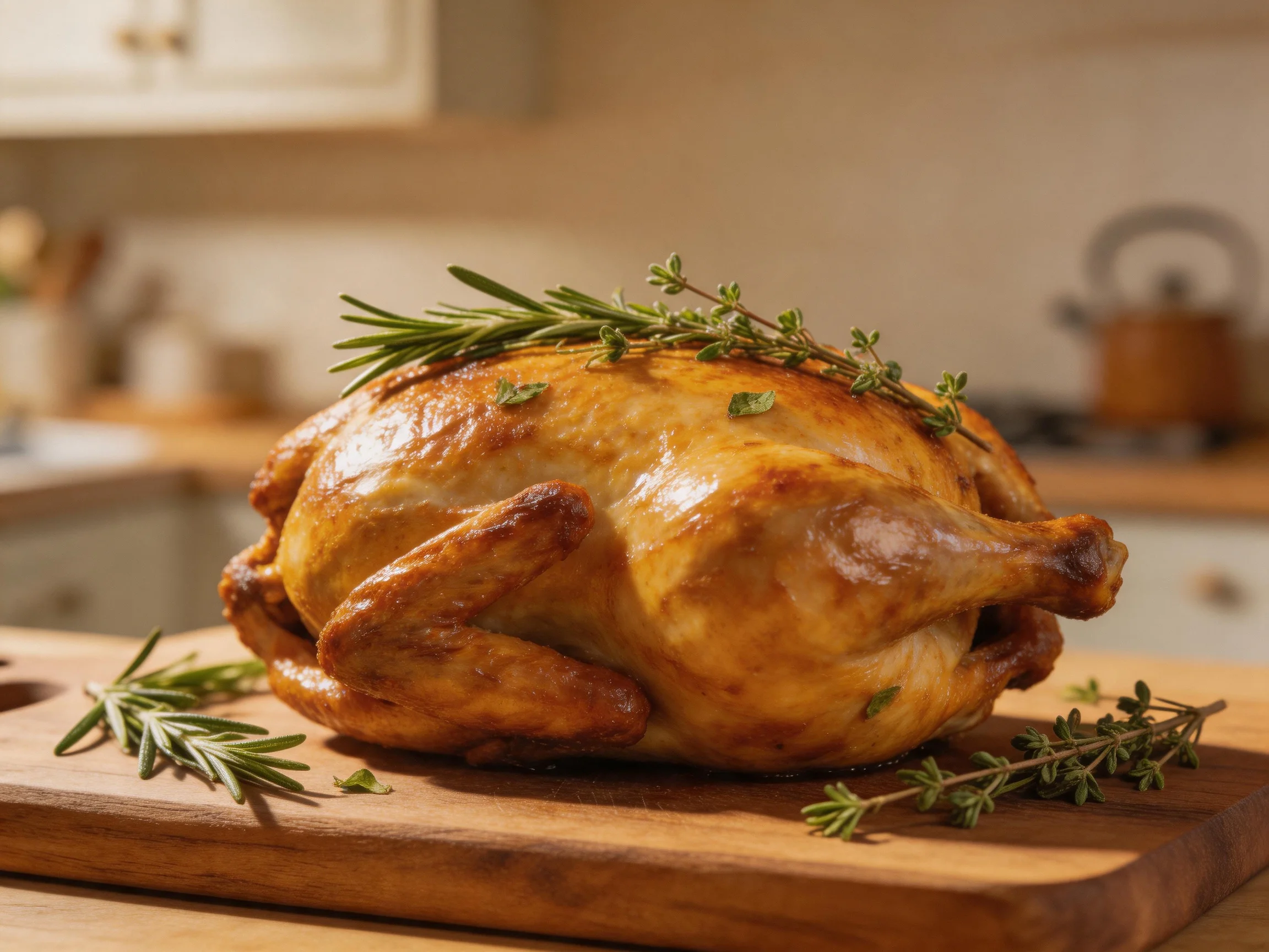 Golden-brown roasted chicken adorned with fresh herbs on a wooden cutting board