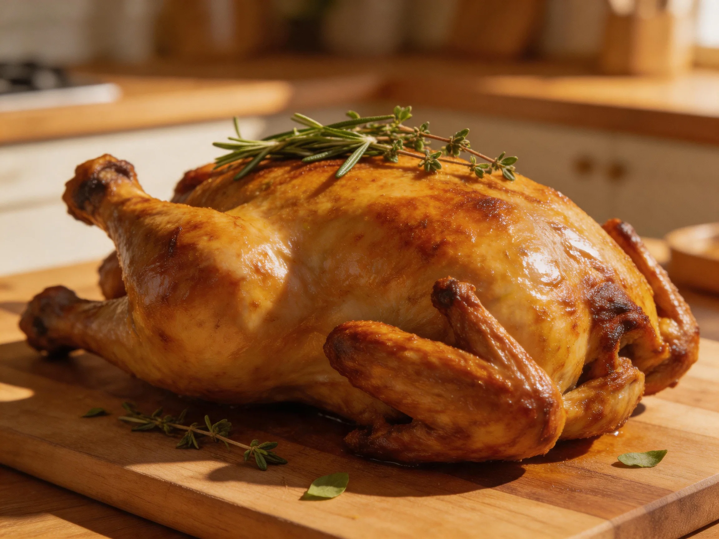 Golden-brown roasted chicken adorned with fresh herbs on a wooden cutting board