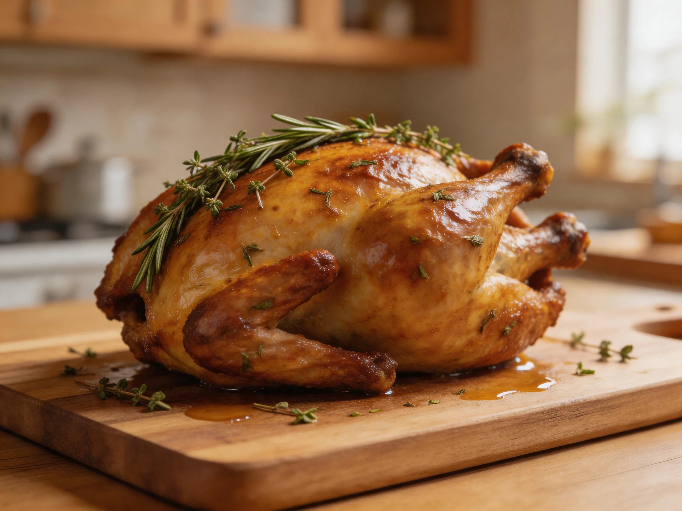 Golden-brown roasted chicken adorned with fresh herbs on a wooden cutting board