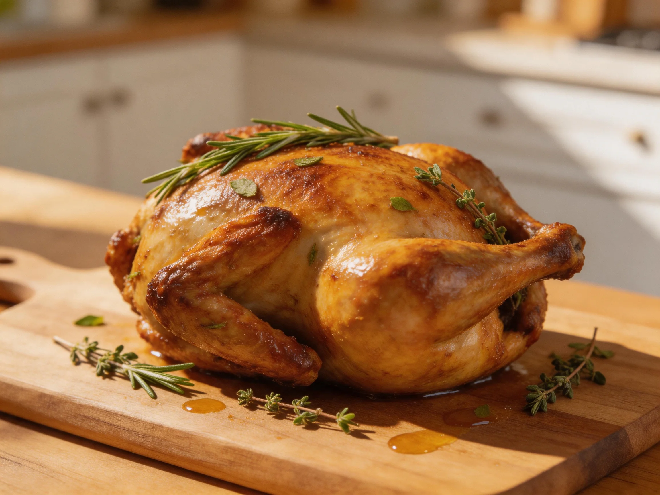 Golden-brown roasted chicken adorned with herbs on a wooden board