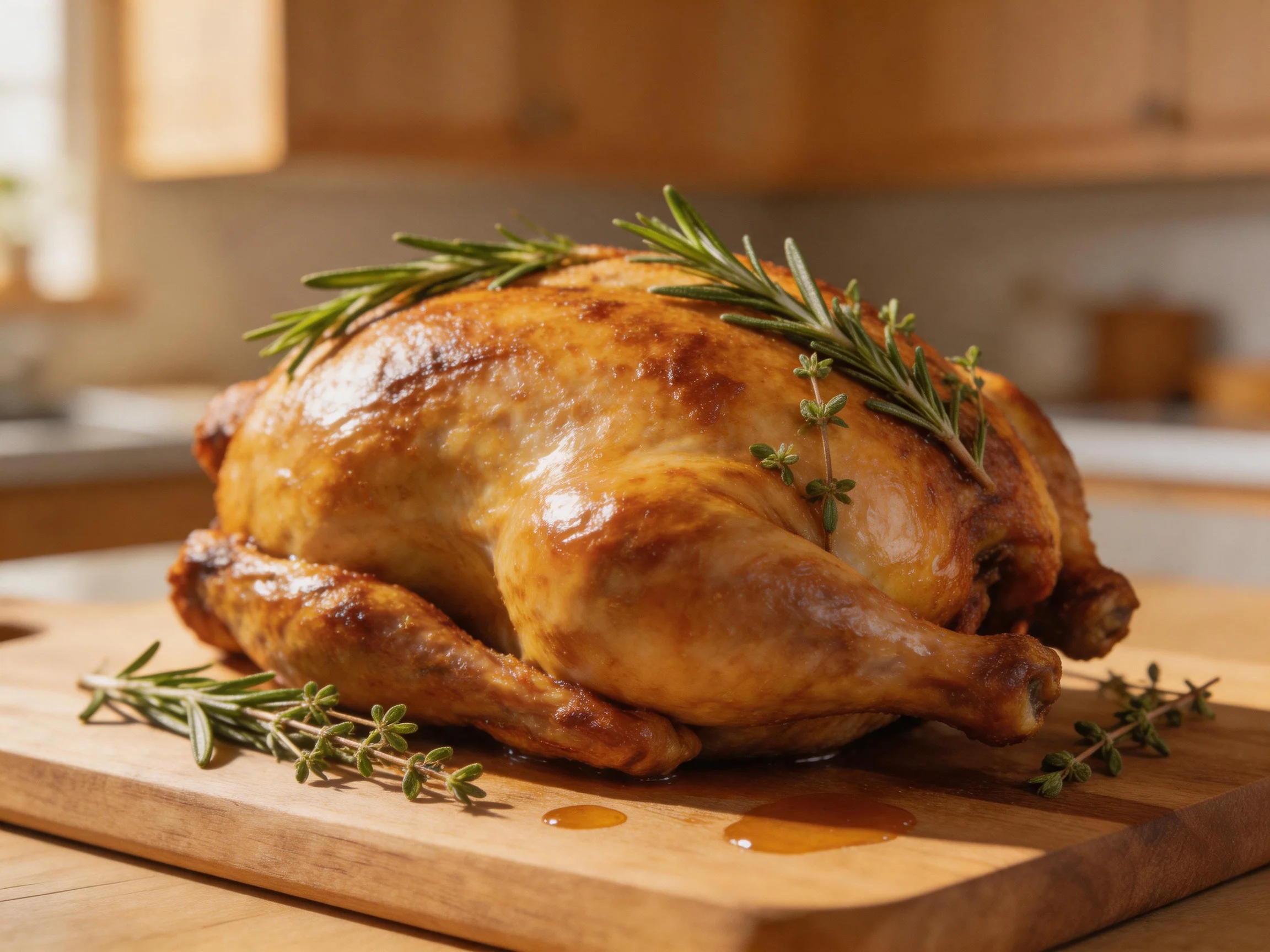 Golden-brown roasted chicken adorned with herbs on wooden cutting board