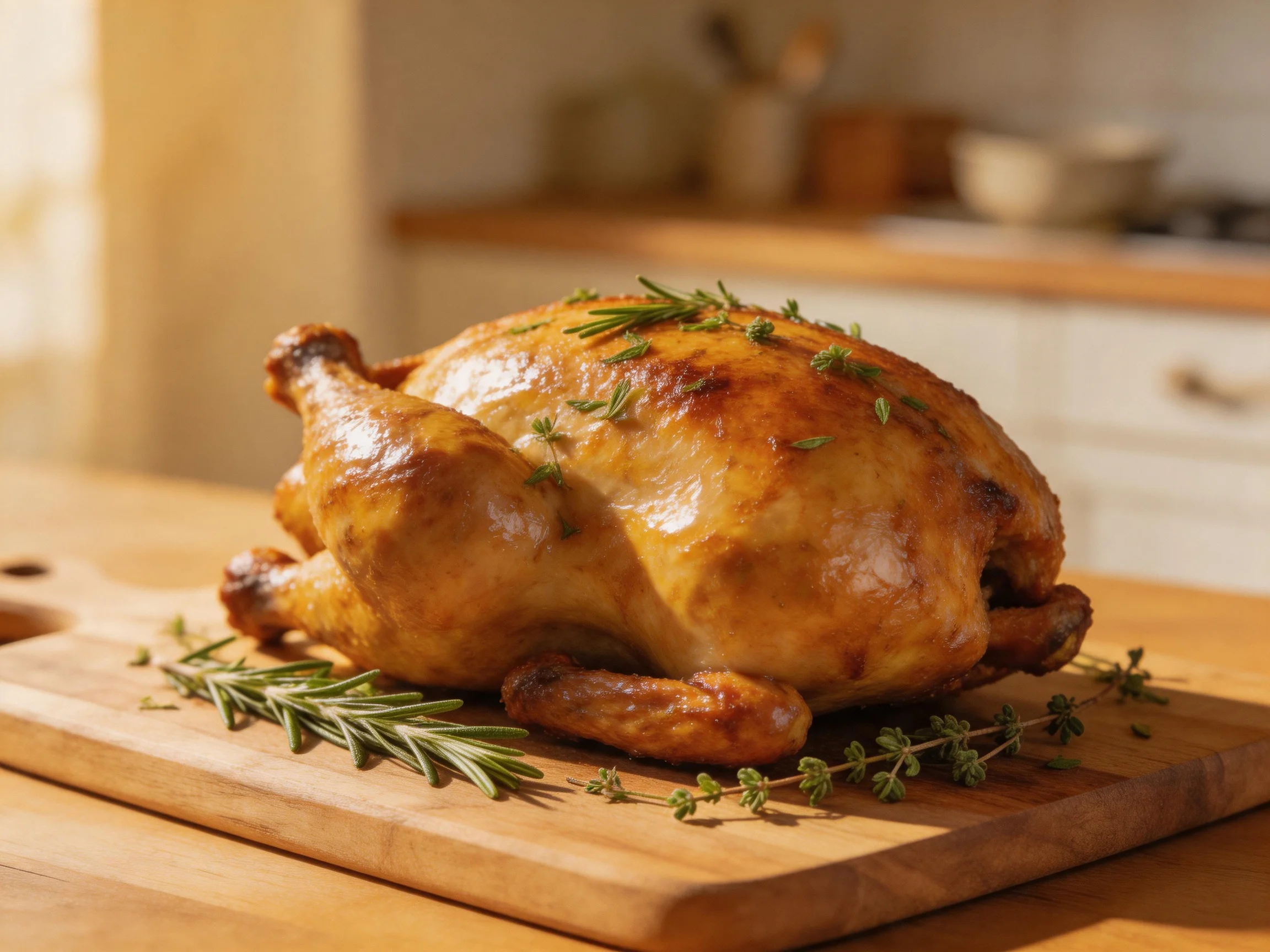 Golden-brown roasted chicken garnished with fresh herbs