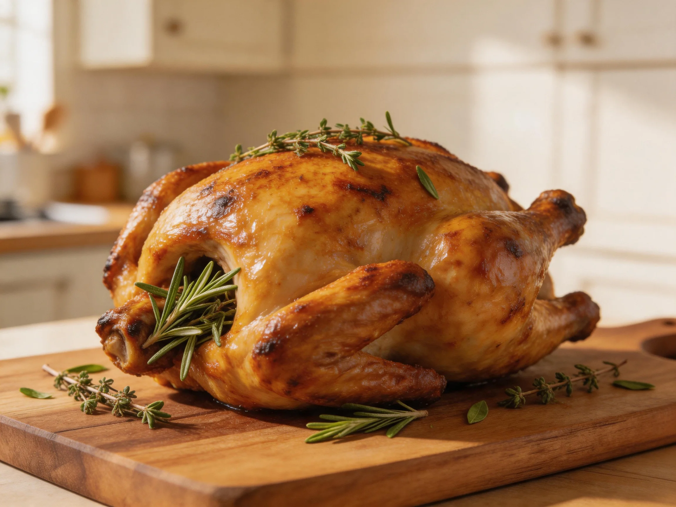 Golden-brown roasted chicken garnished with fresh herbs