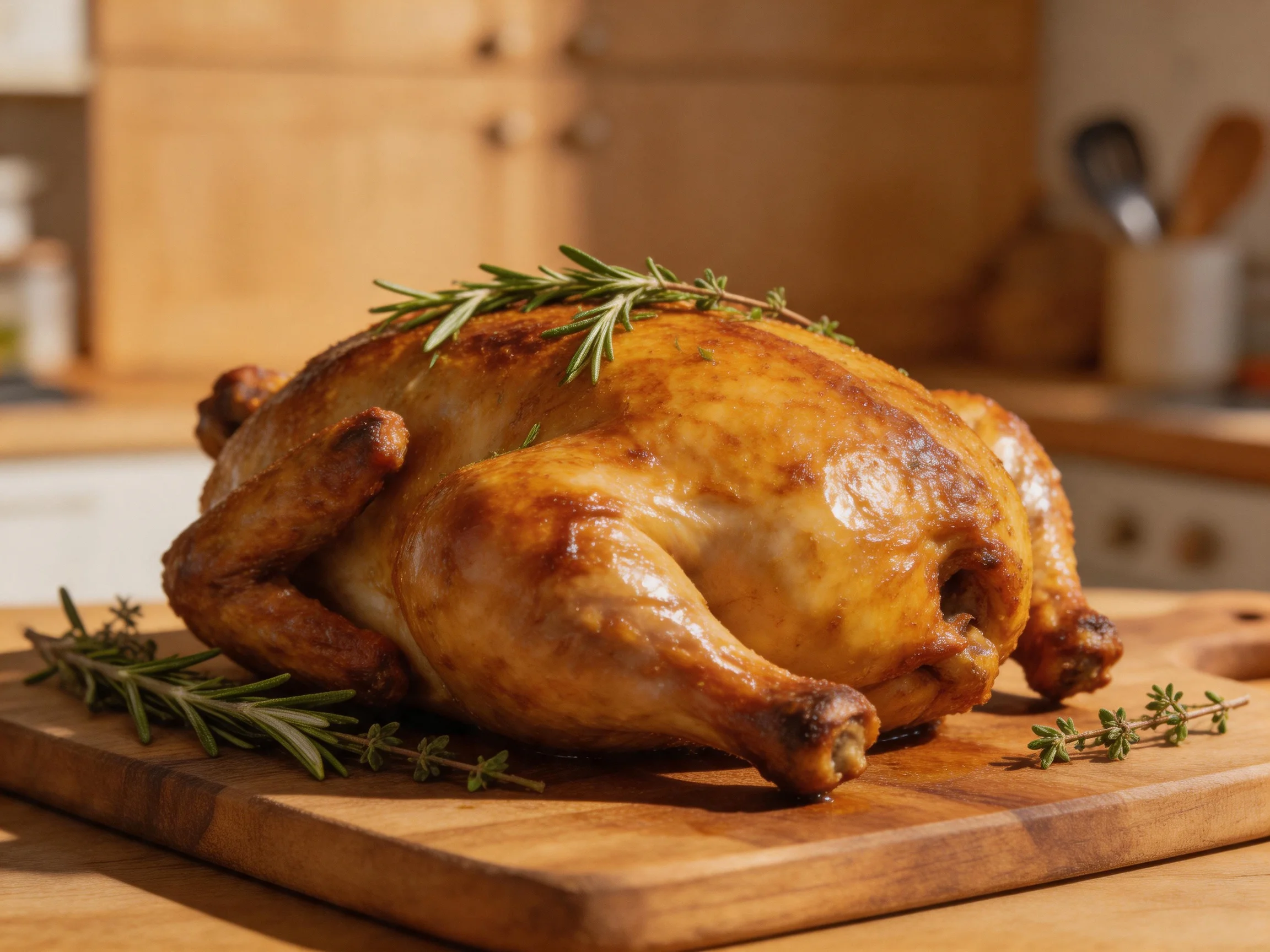 Golden-brown roasted chicken garnished with fresh herbs