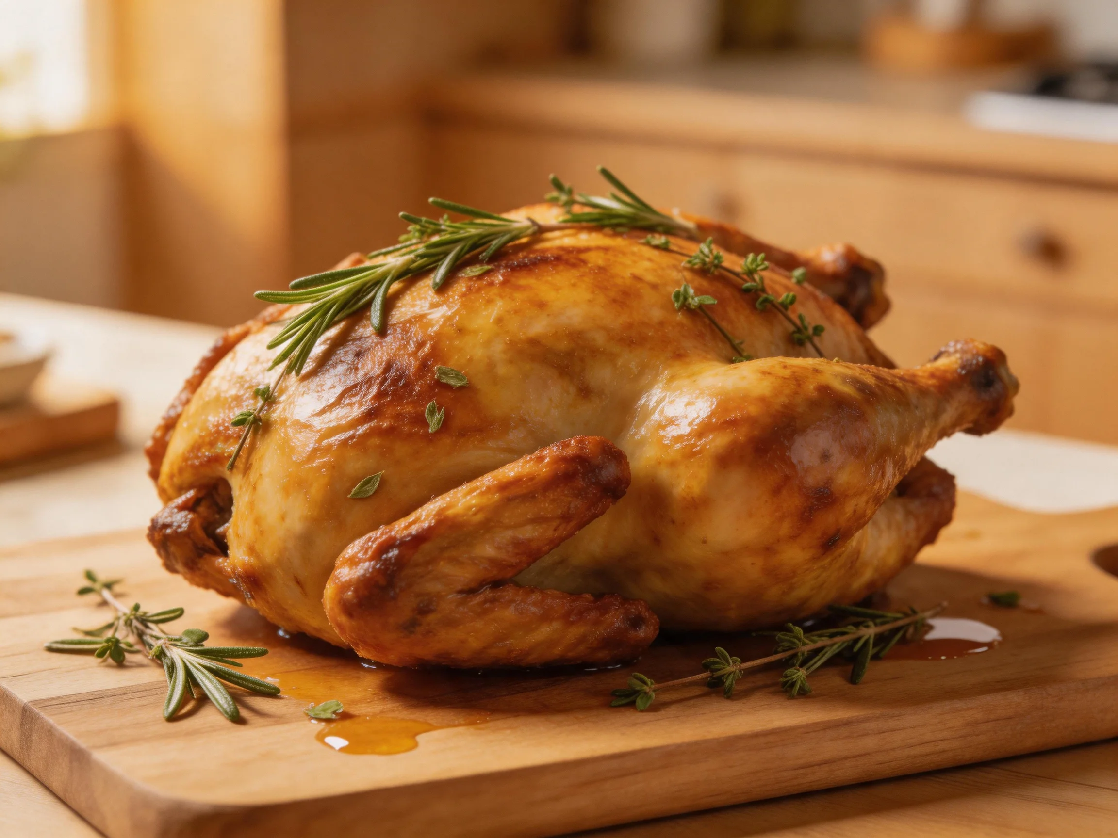 Golden-brown roasted chicken garnished with fresh herbs
