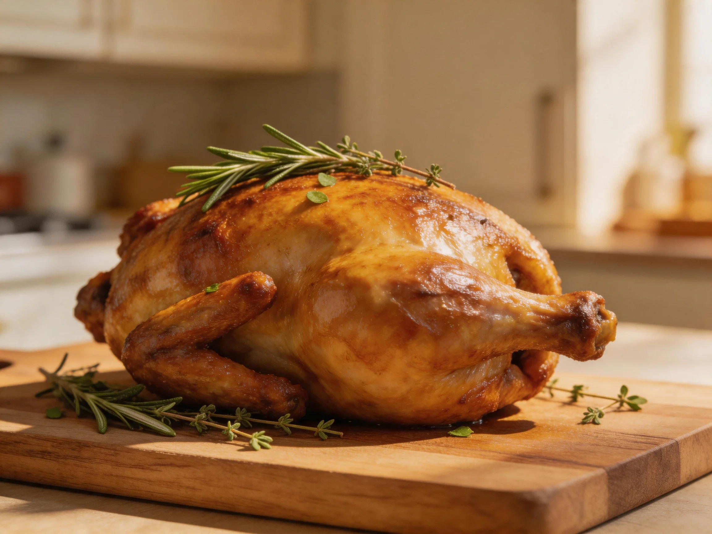 Golden-brown roasted chicken garnished with fresh herbs