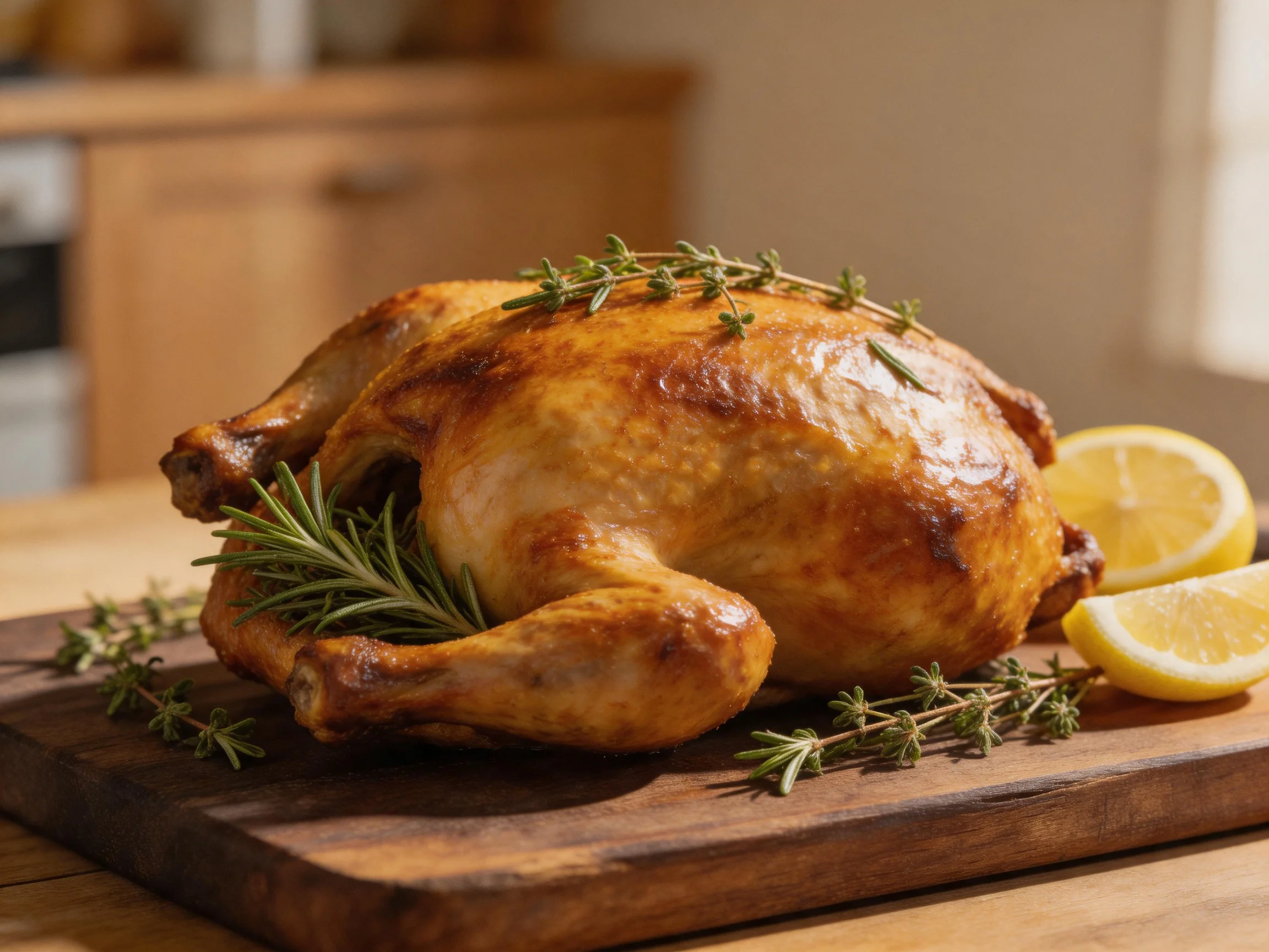 Golden-brown roasted chicken garnished with fresh herbs and lemon slices