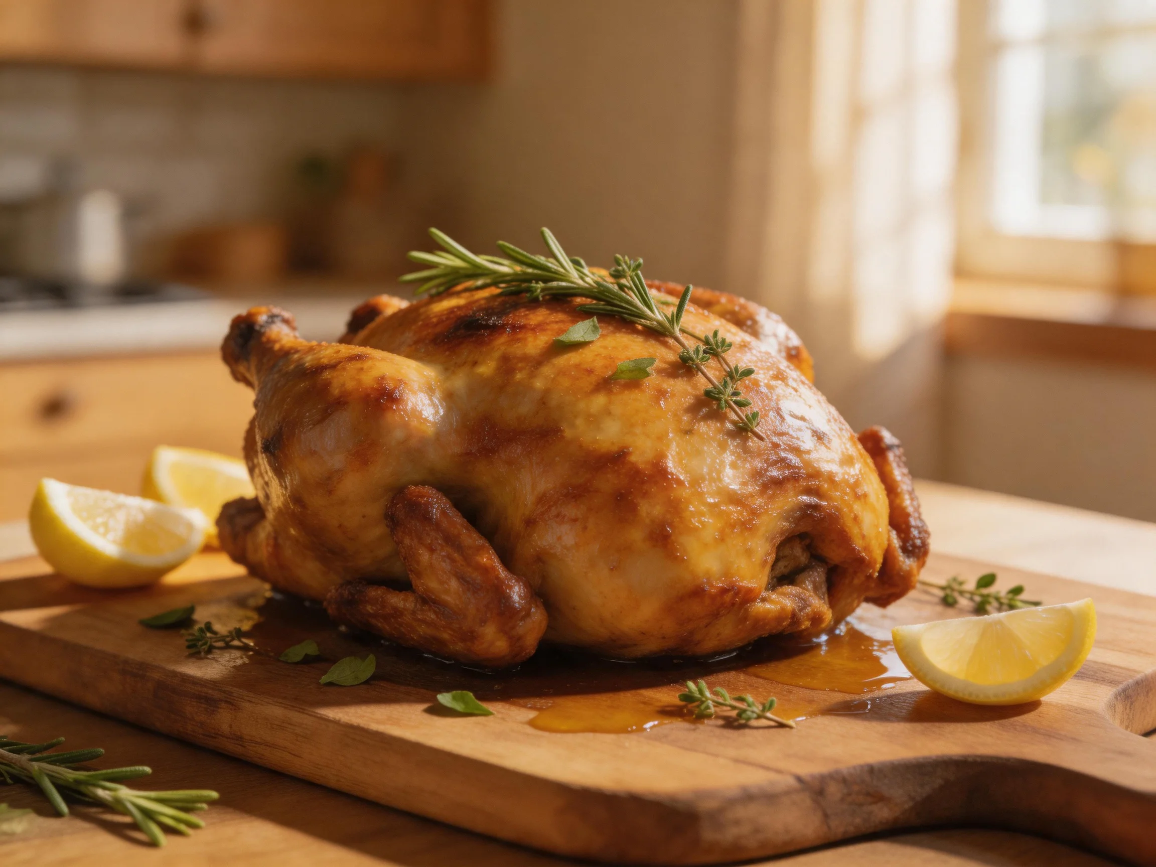 Golden-brown roasted chicken garnished with fresh herbs and lemon wedges