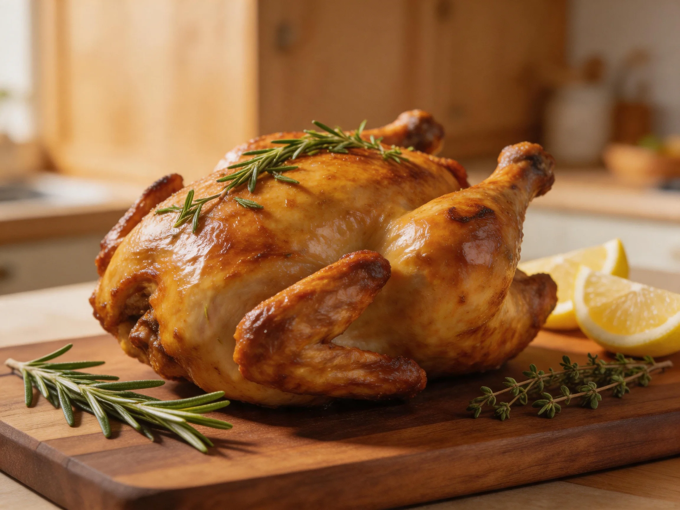 Golden-brown roasted chicken garnished with fresh herbs and lemon wedges