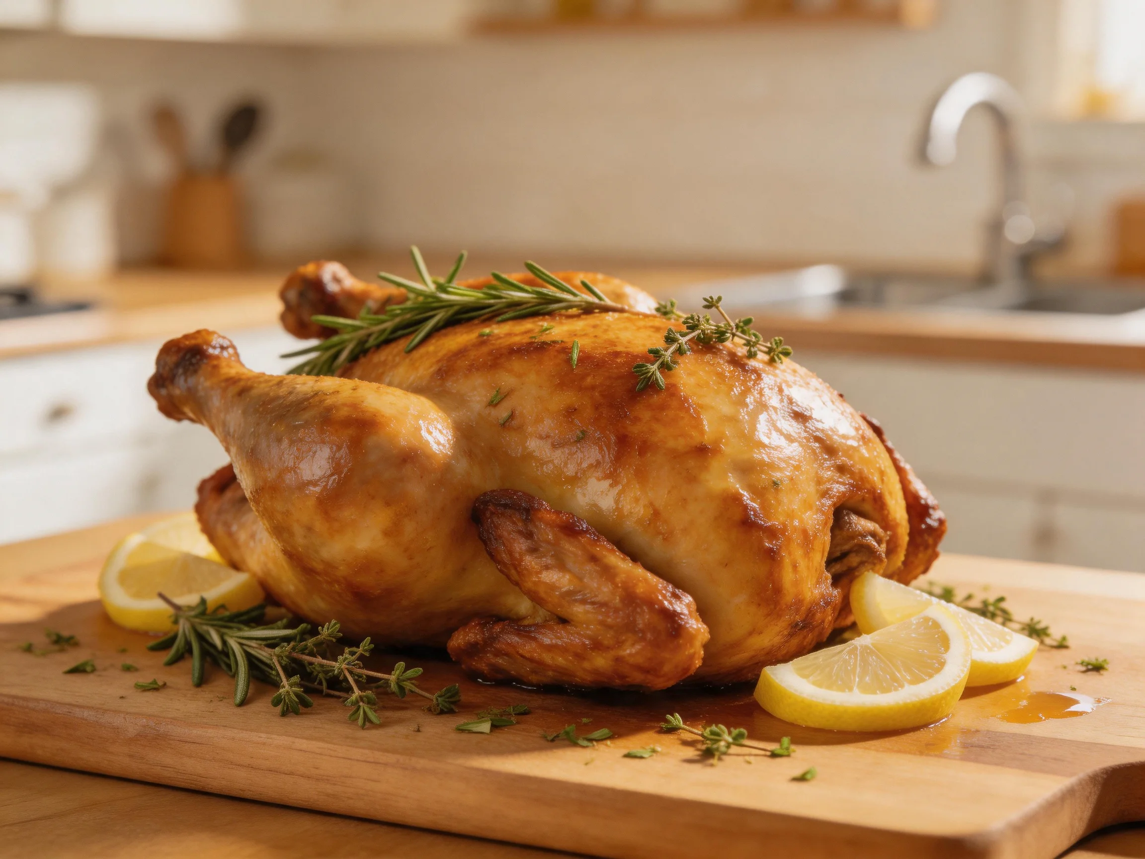 Golden-brown roasted chicken garnished with fresh herbs and lemon wedges on a wooden cutting board.