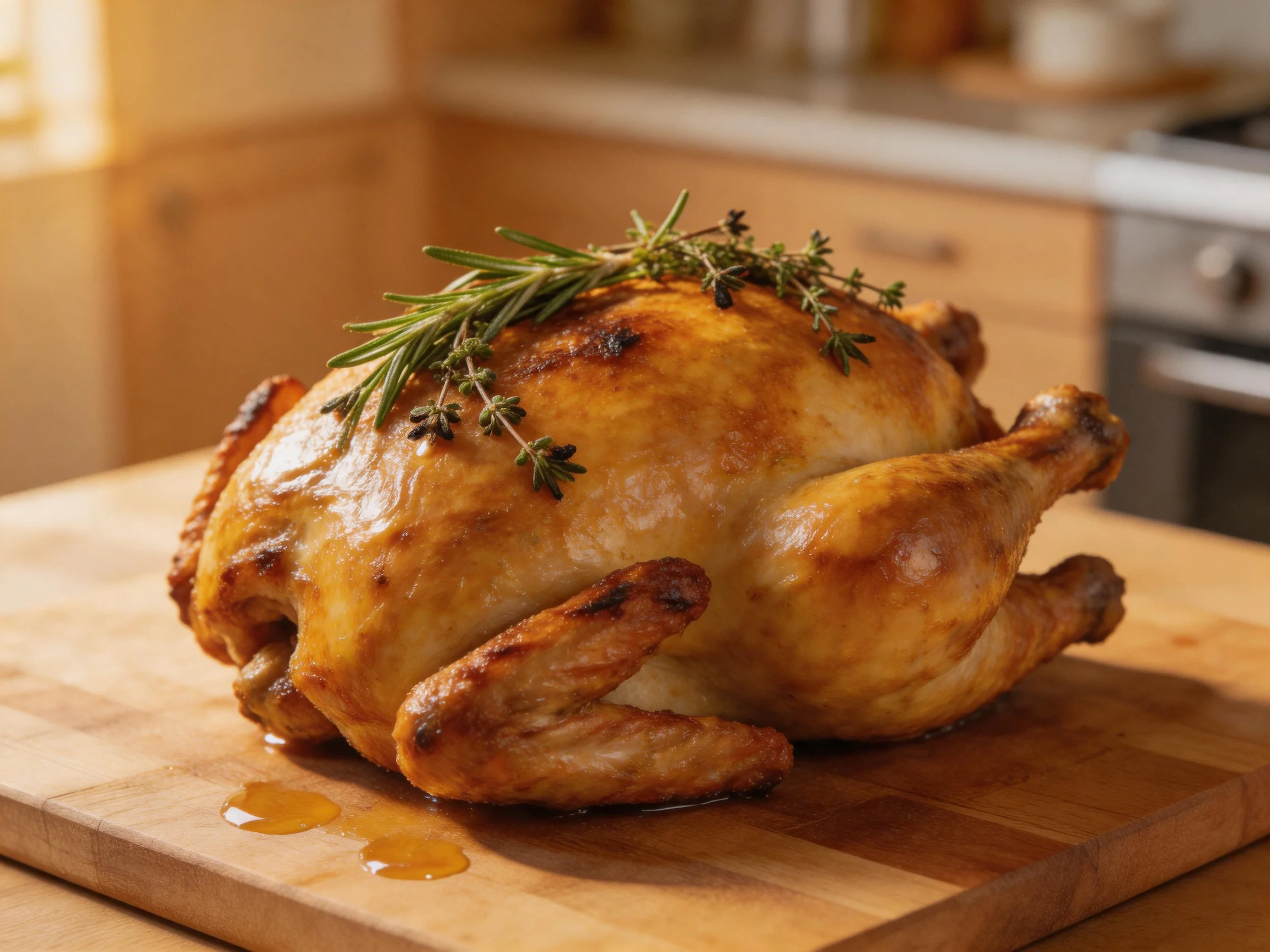 Golden-brown roasted chicken garnished with fresh herbs