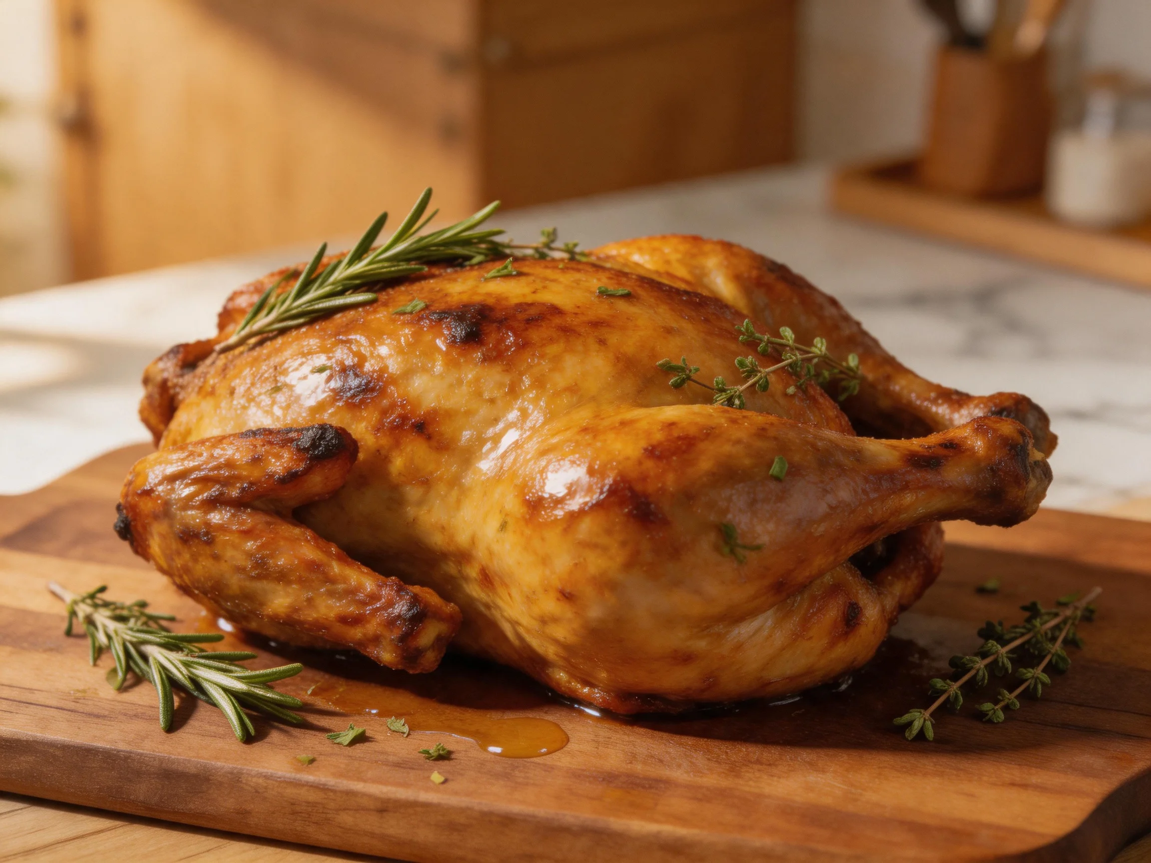 Golden-brown roasted chicken garnished with fresh herbs