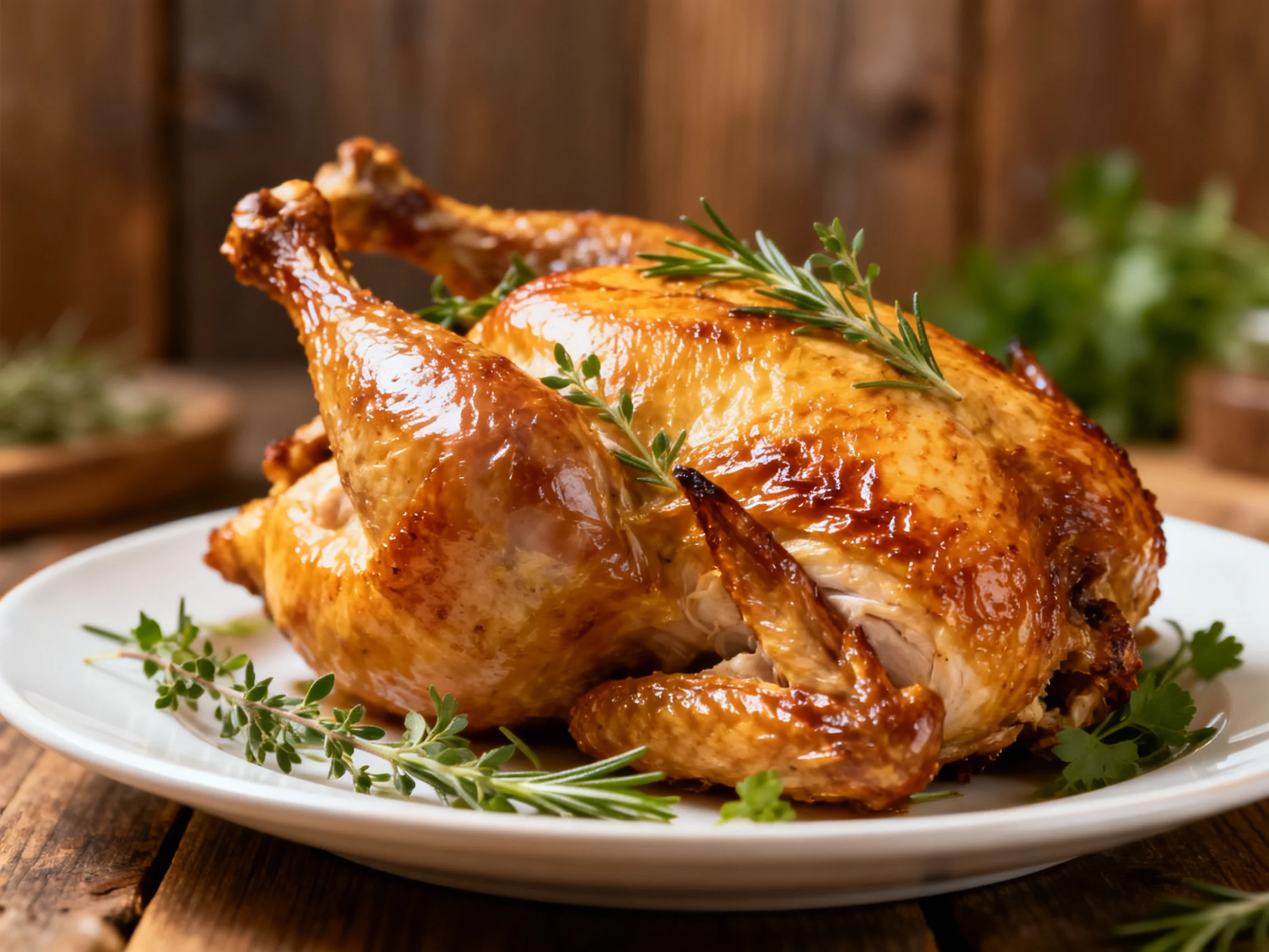 A golden-brown roasted chicken garnished with herbs is served on a white plate.