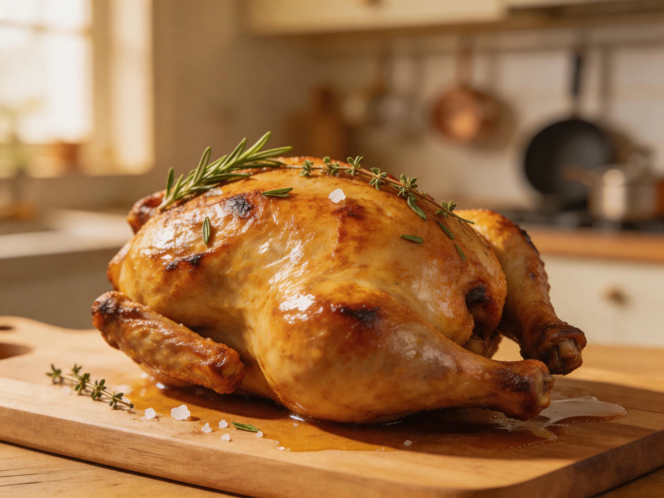 Golden-brown roasted chicken garnished with fresh herbs on a wooden board