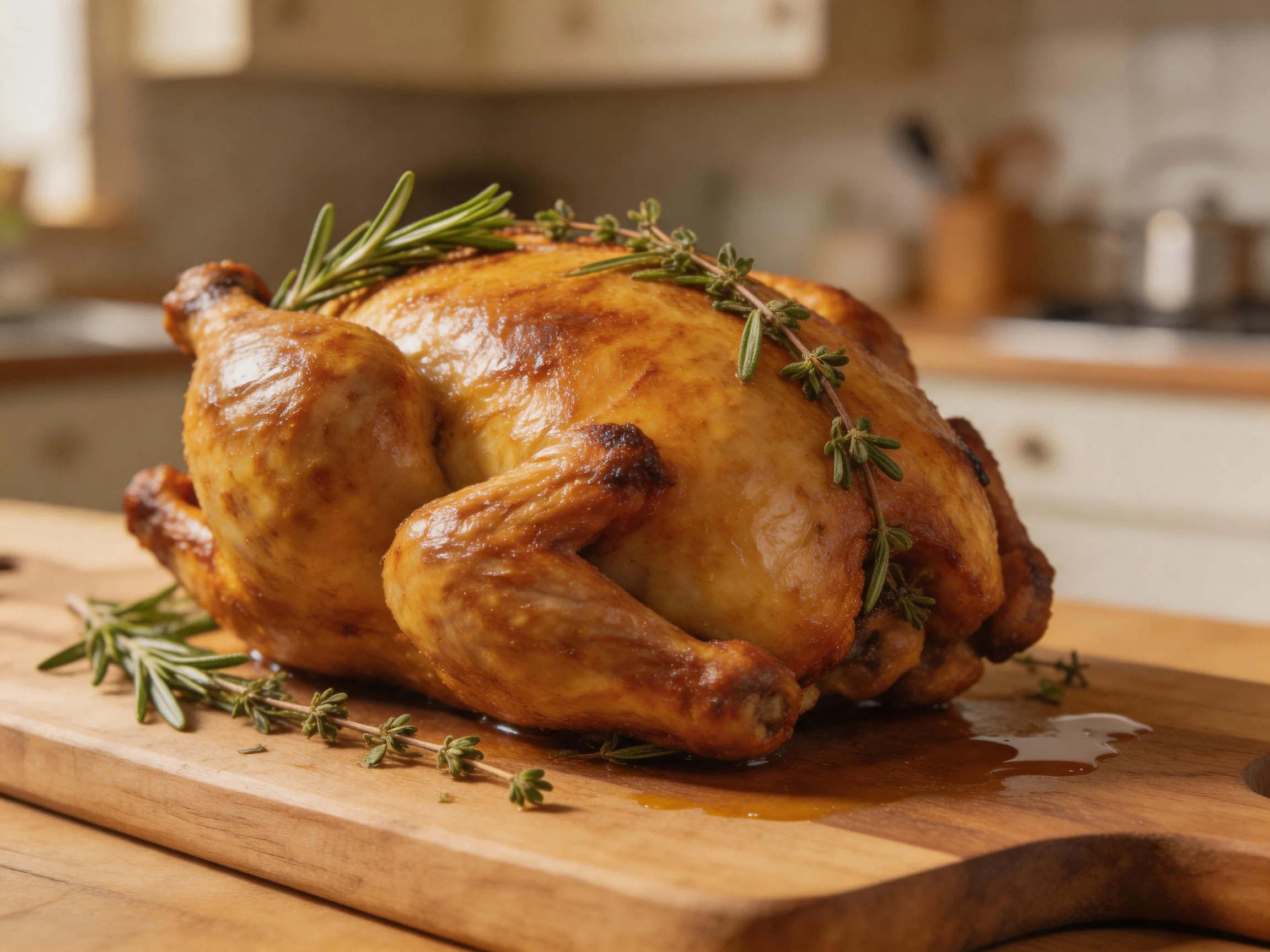 Golden-brown roasted chicken garnished with fresh herbs on a wooden cutting board