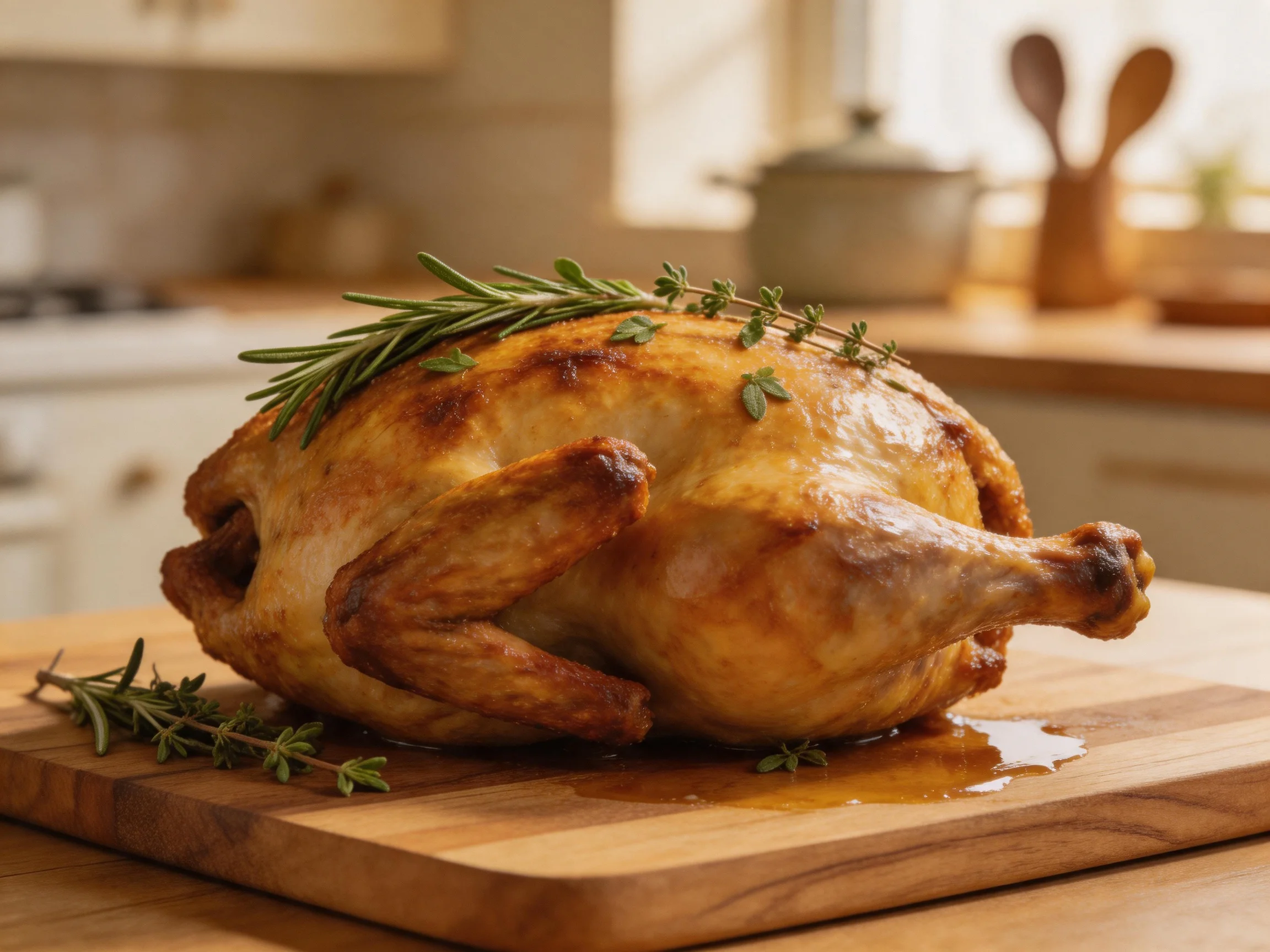 Golden-brown roasted chicken garnished with fresh herbs on a wooden cutting board