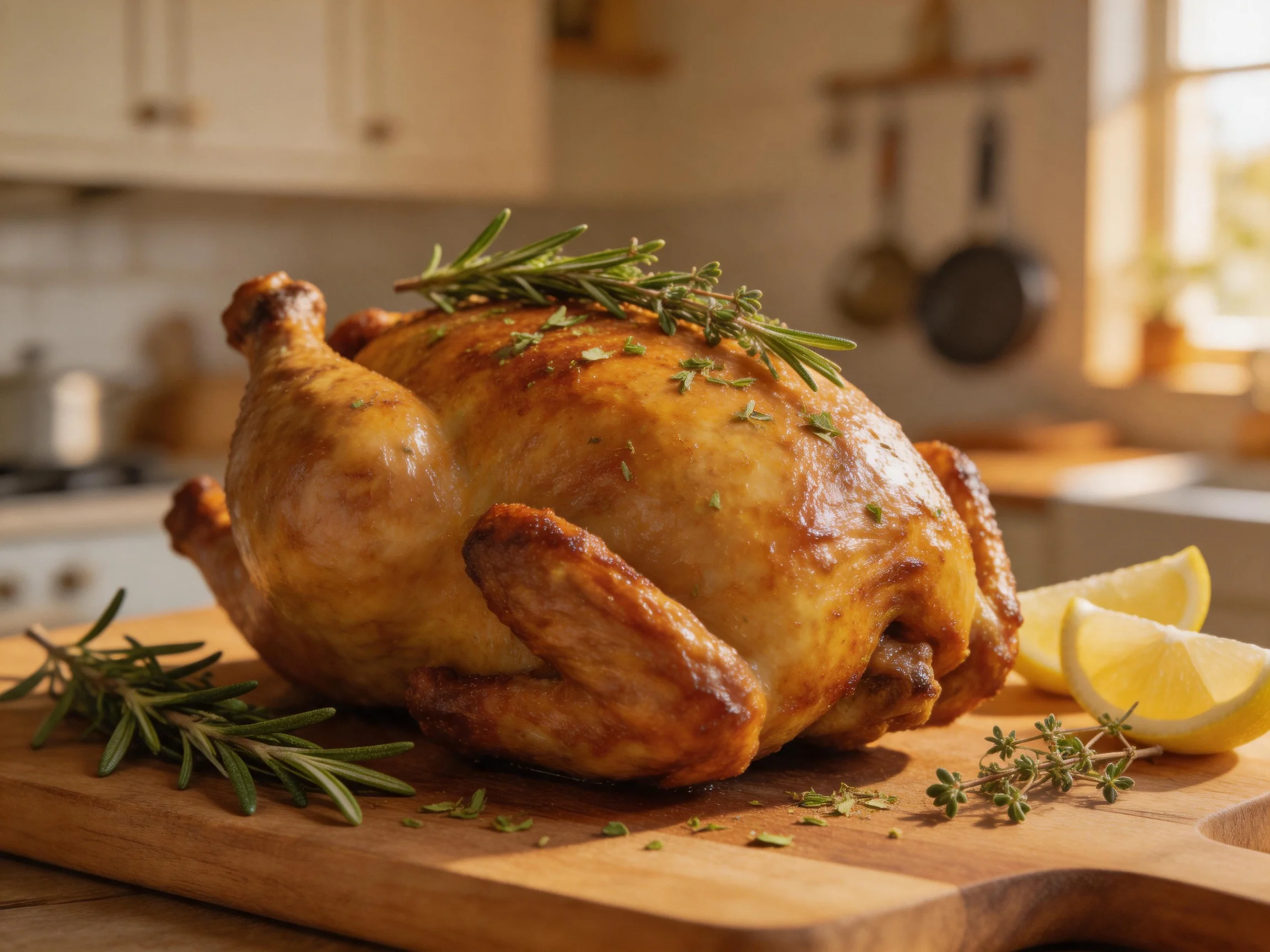 Golden-brown roasted chicken garnished with fresh herbs on a wooden cutting board