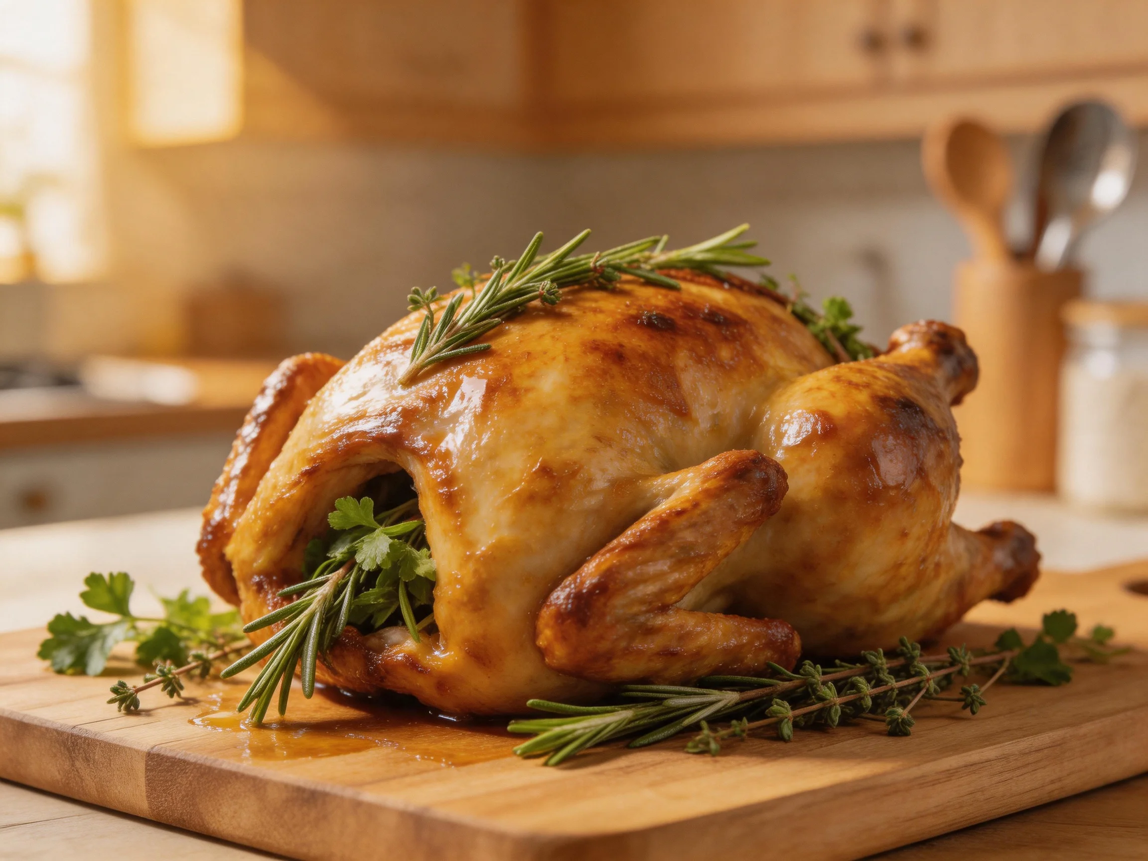 Golden-brown roasted chicken garnished with fresh herbs on a wooden cutting board