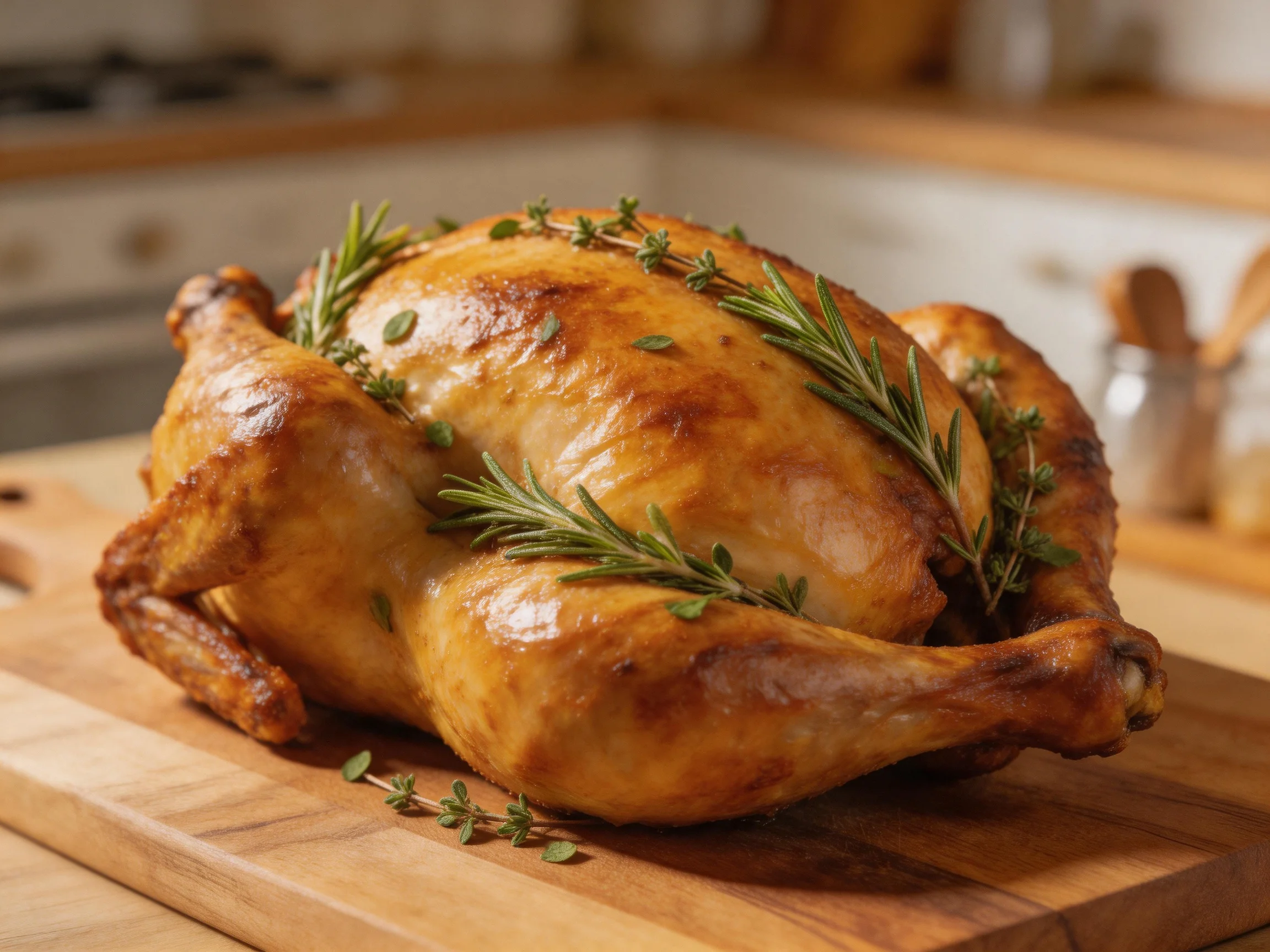 Golden-brown roasted chicken garnished with fresh herbs on a wooden cutting board