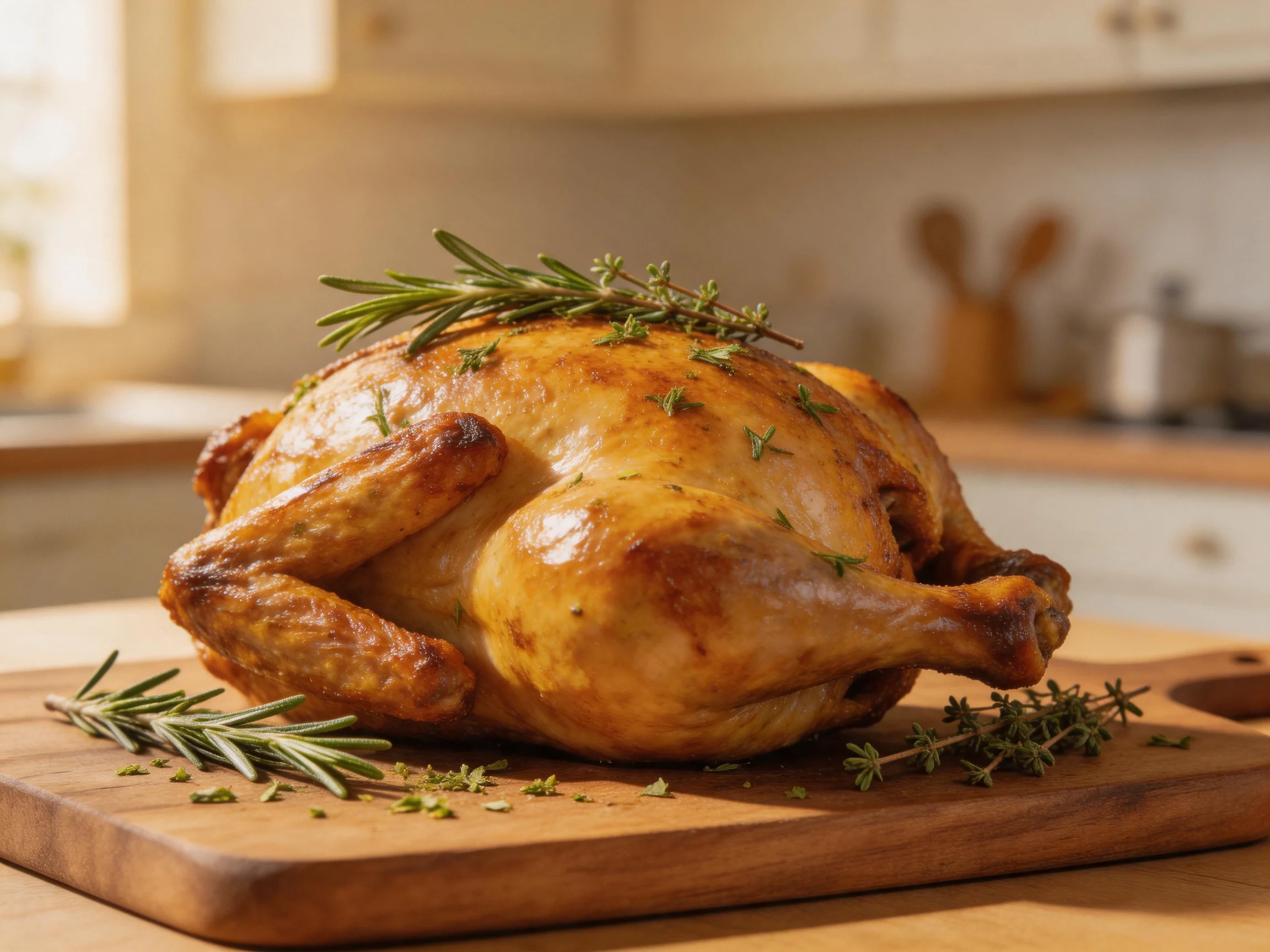 Golden-brown roasted chicken garnished with fresh herbs on a wooden cutting board