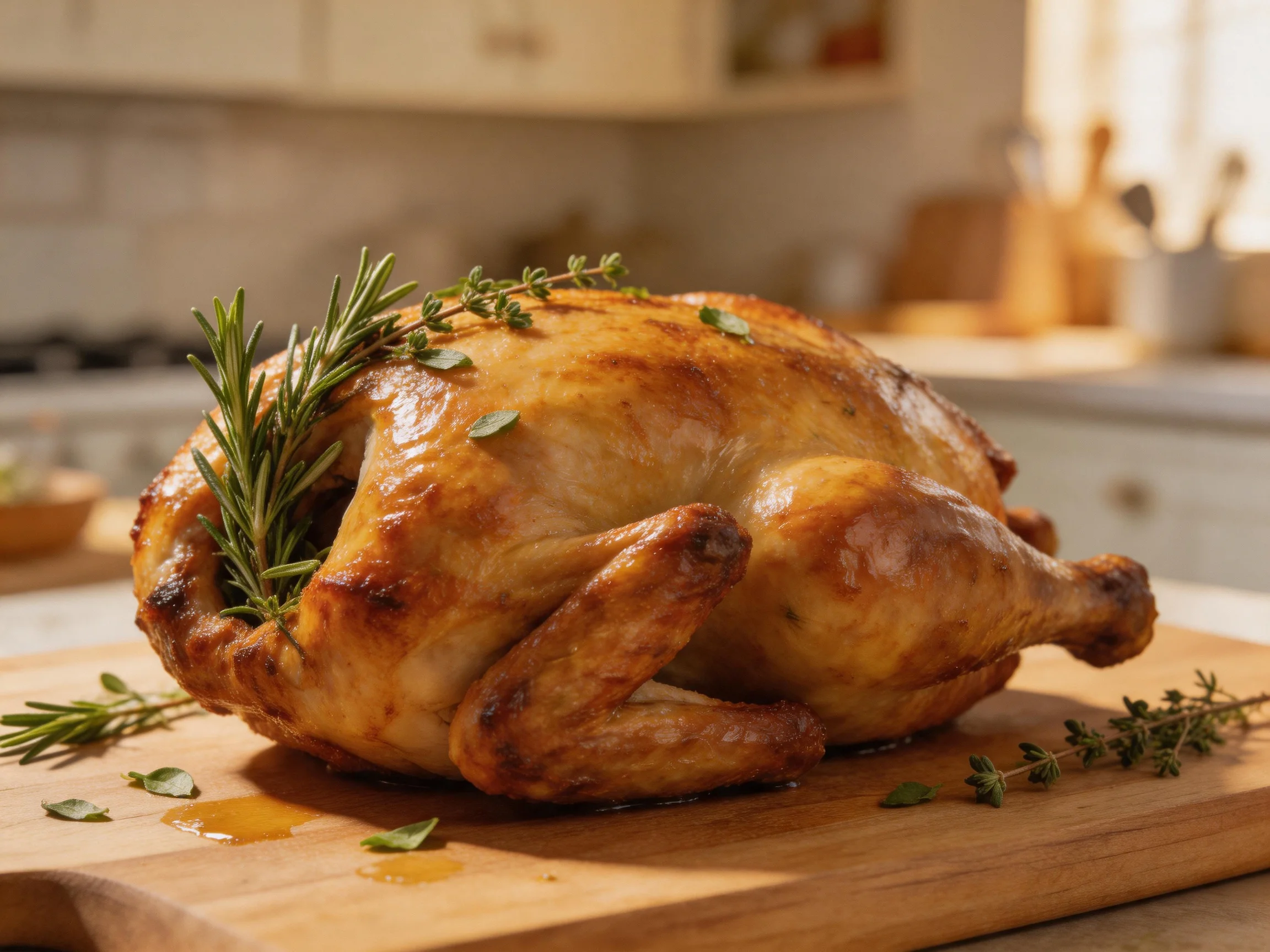 Golden-brown roasted chicken garnished with fresh herbs on a wooden cutting board