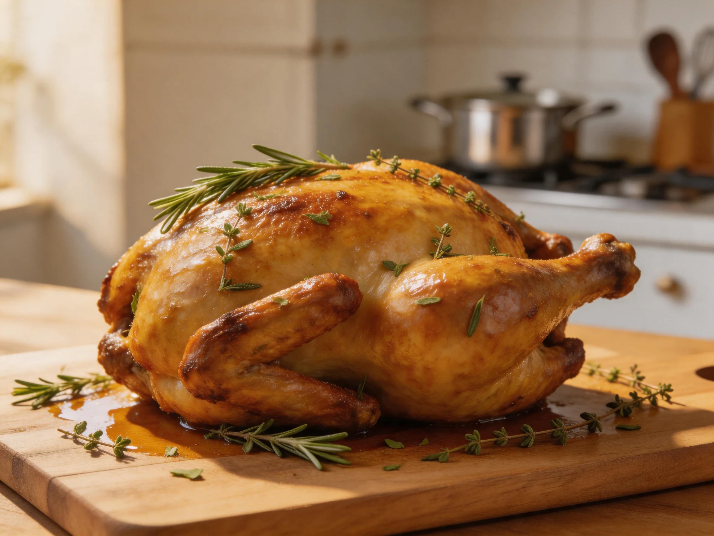 Golden-brown roasted chicken garnished with fresh herbs on a wooden cutting board