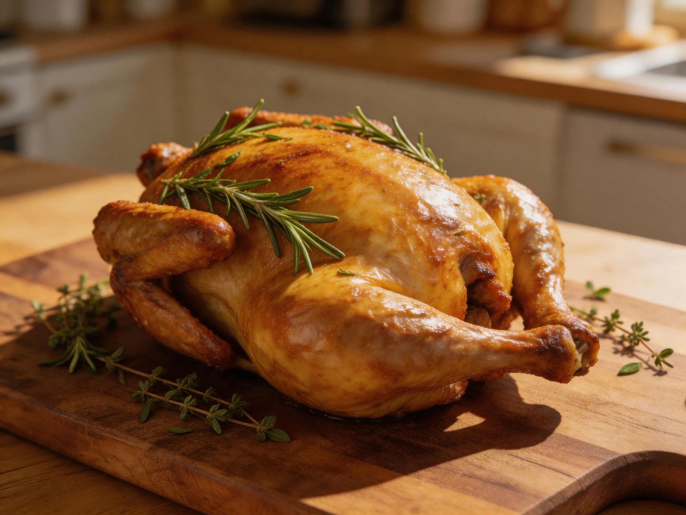 Golden-brown roasted chicken garnished with fresh herbs on a wooden cutting board