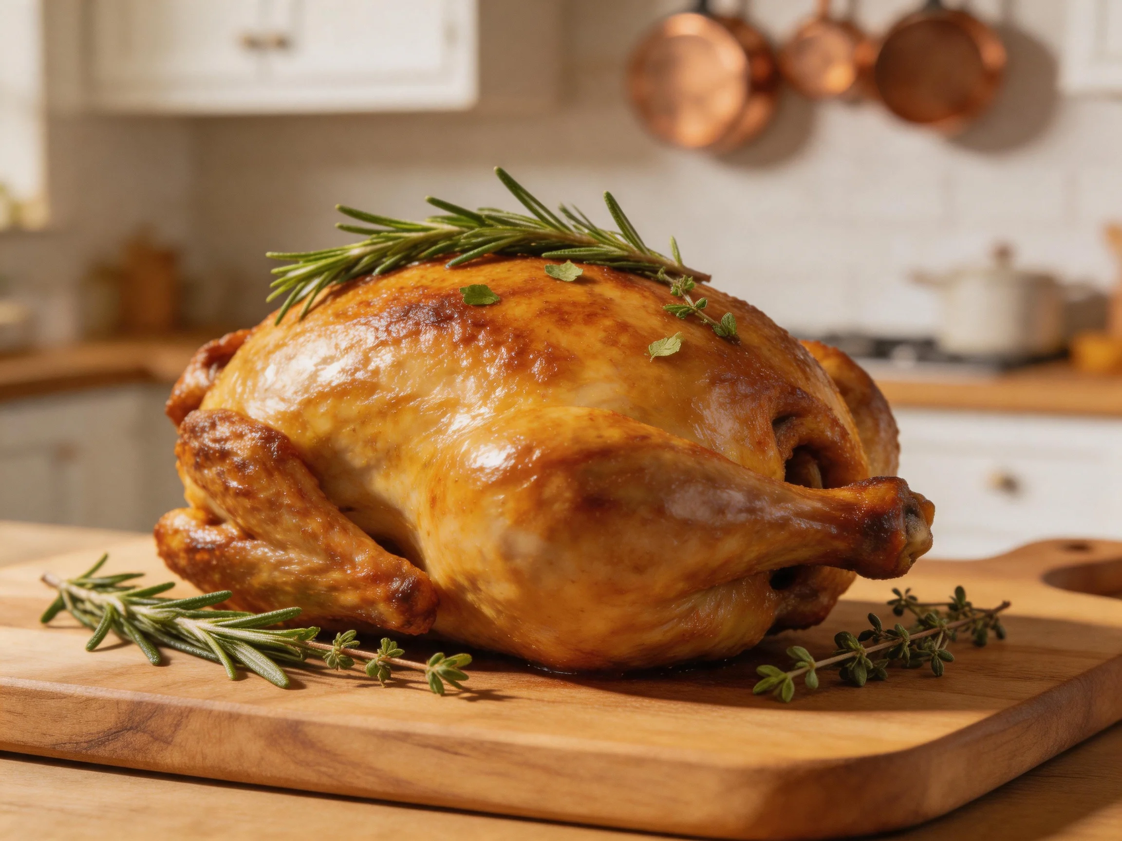 Golden-brown roasted chicken garnished with fresh herbs on a wooden cutting board