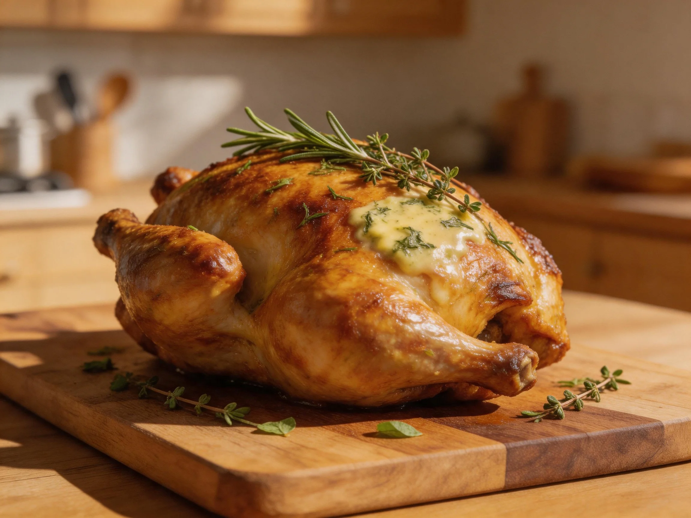 Golden-brown roasted chicken garnished with fresh herbs on a wooden cutting board