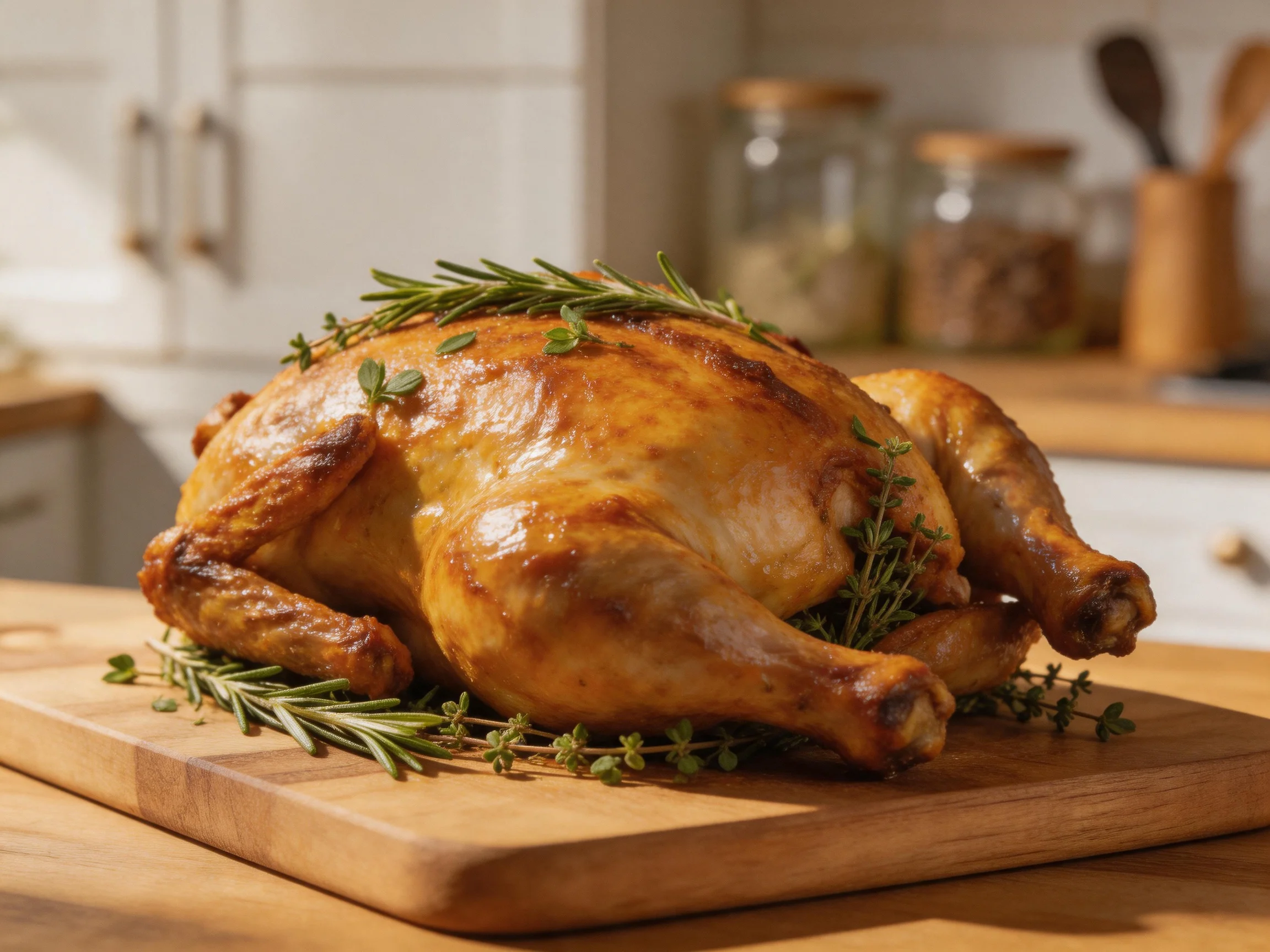 Golden-brown roasted chicken garnished with fresh herbs on a wooden cutting board