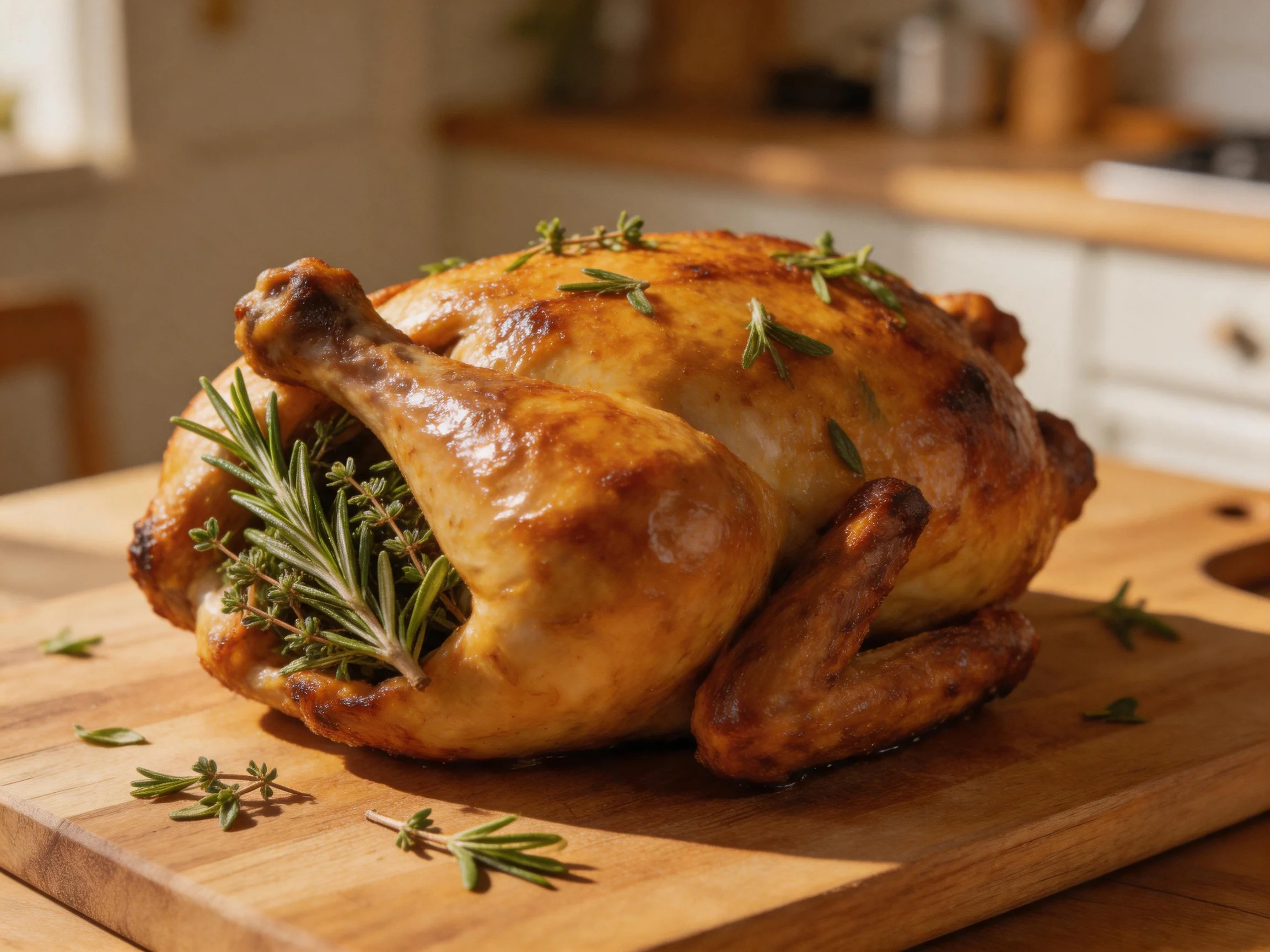 Golden-brown roasted chicken garnished with fresh herbs on a wooden cutting board