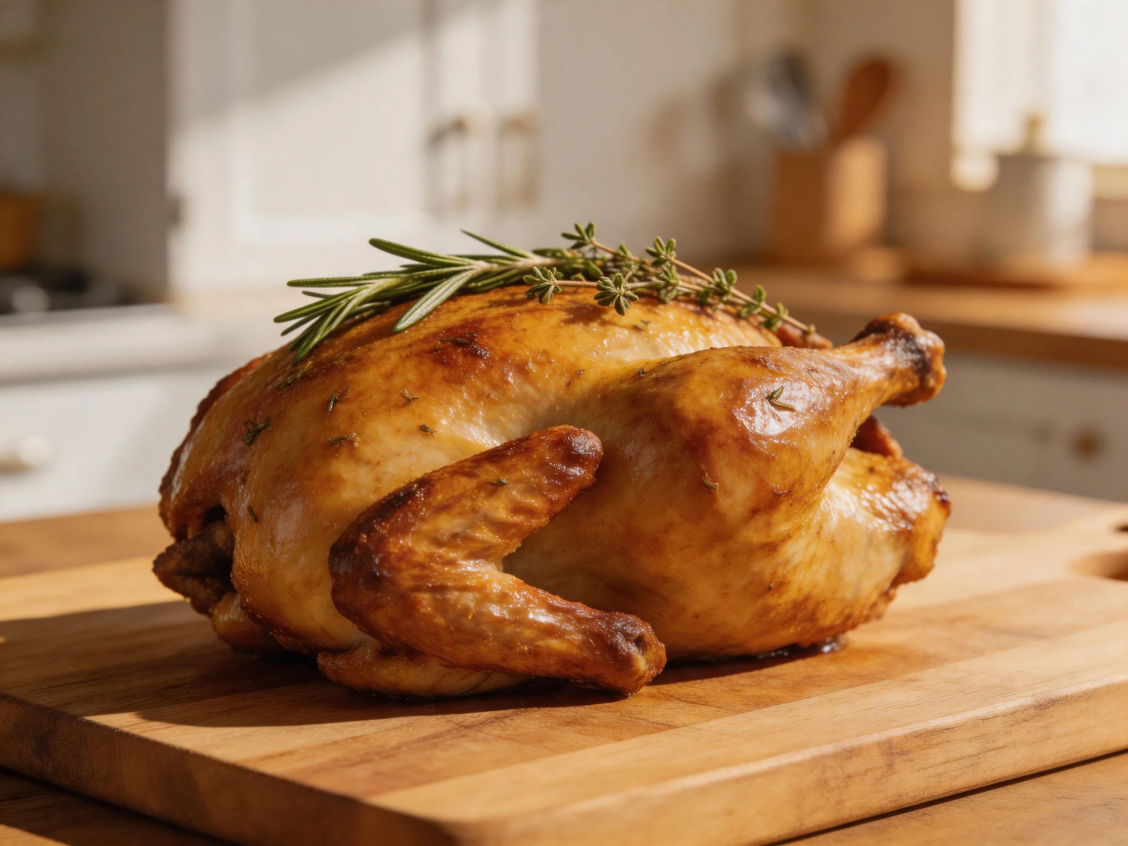 Golden-brown roasted chicken garnished with fresh herbs on a wooden cutting board