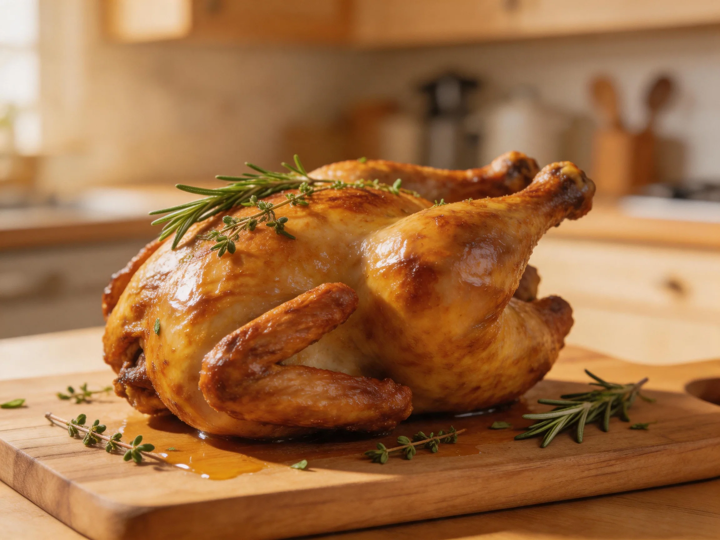Golden-brown roasted chicken garnished with fresh herbs on a wooden cutting board