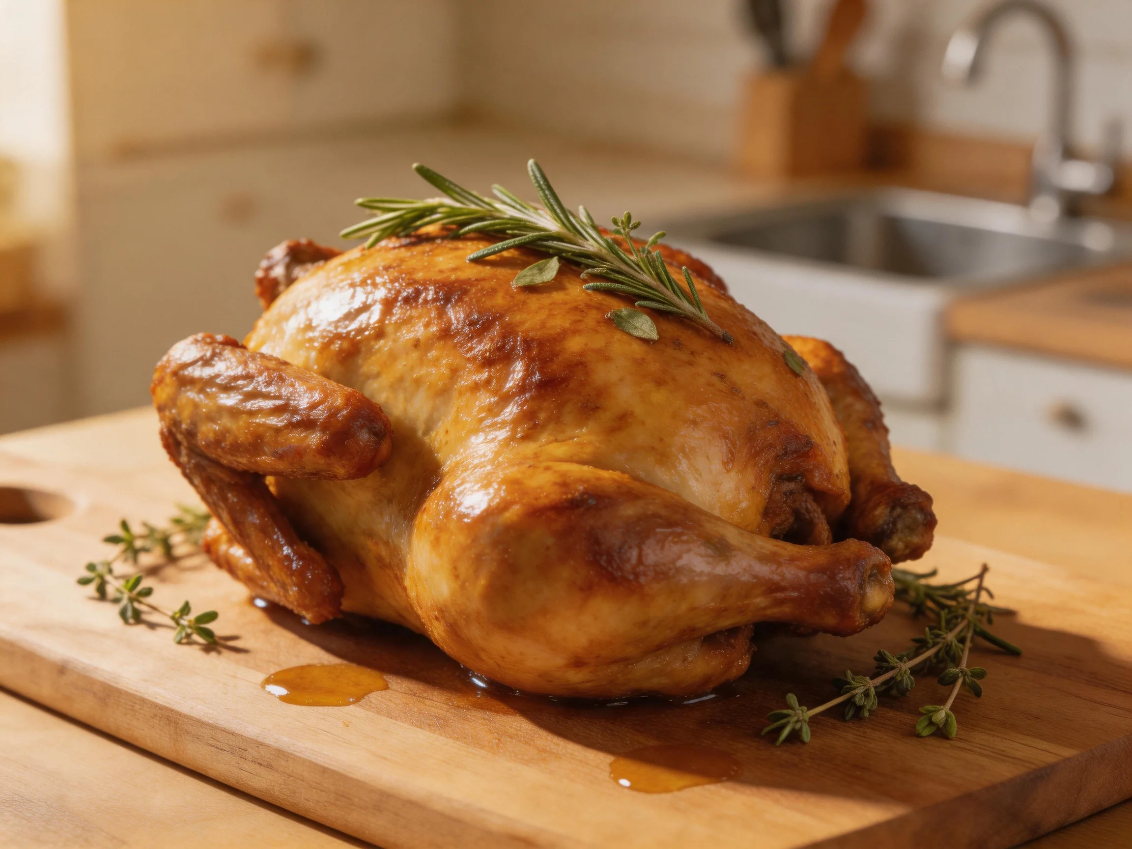 Golden-brown roasted chicken garnished with fresh herbs on a wooden cutting board