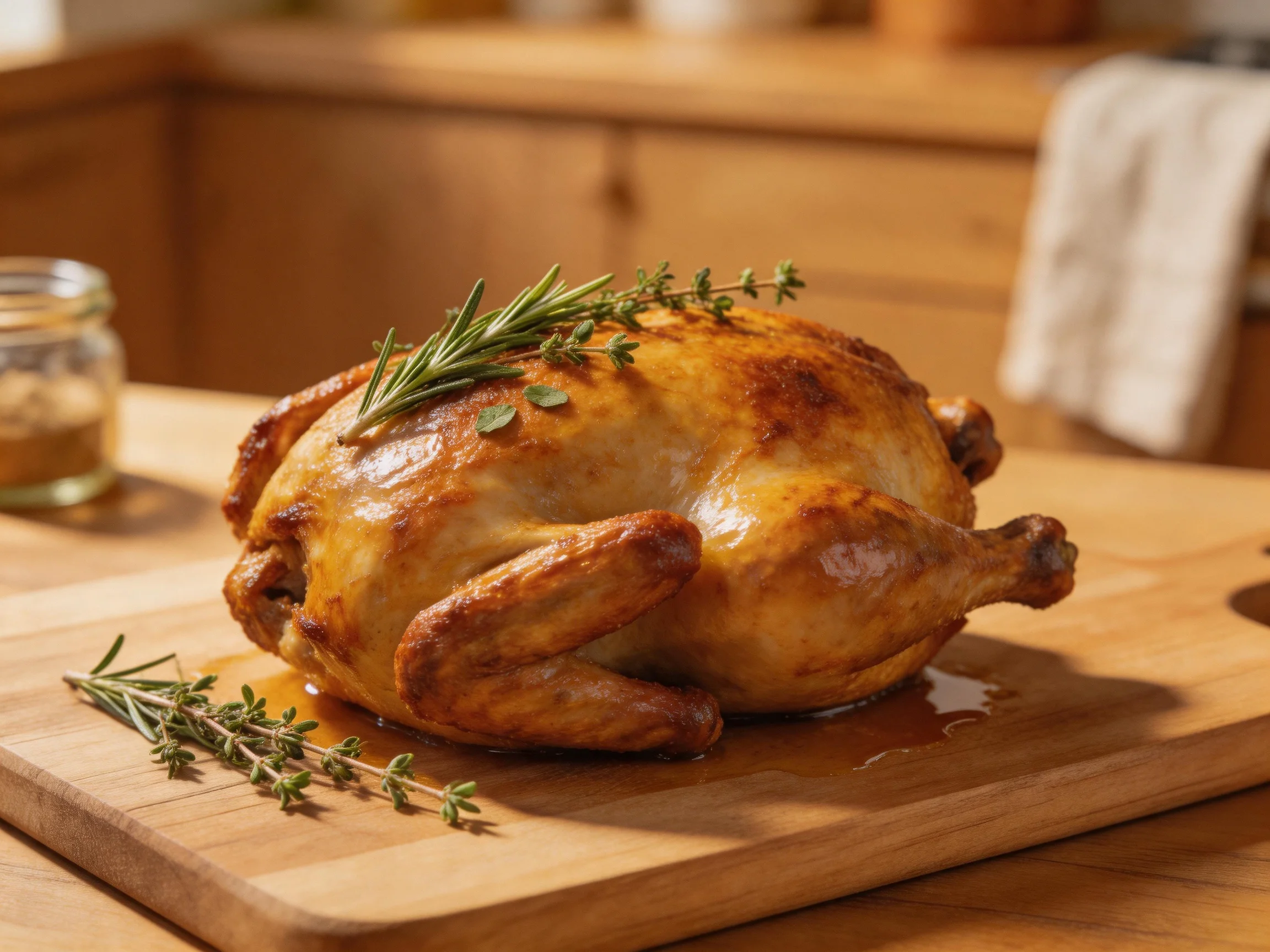 Golden-brown roasted chicken garnished with fresh herbs on a wooden cutting board