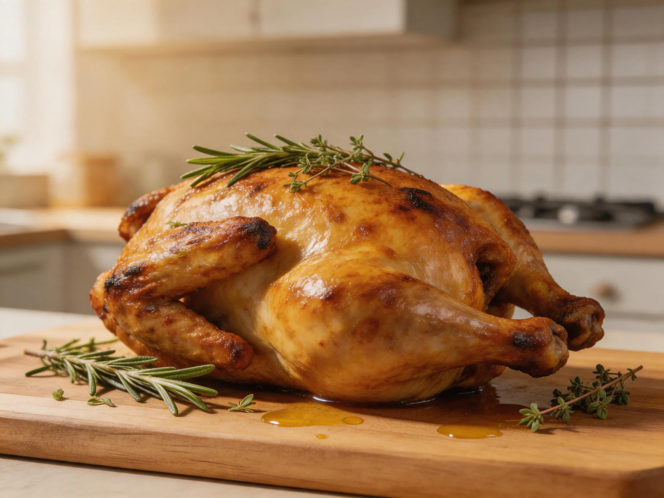 Golden-brown roasted chicken garnished with fresh herbs on a wooden cutting board