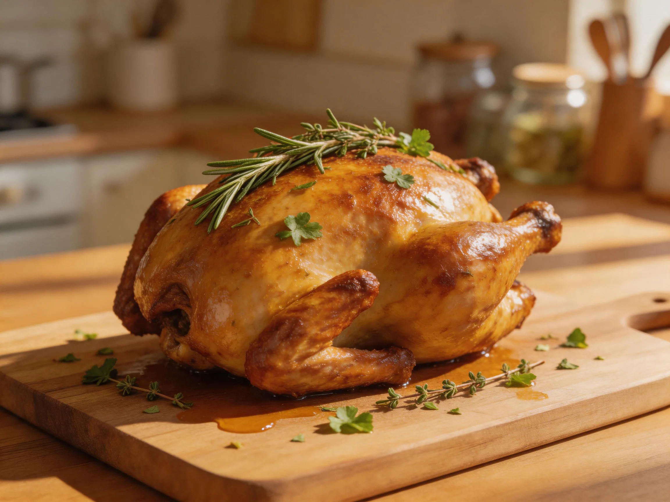 Golden-brown roasted chicken garnished with fresh herbs on a wooden cutting board