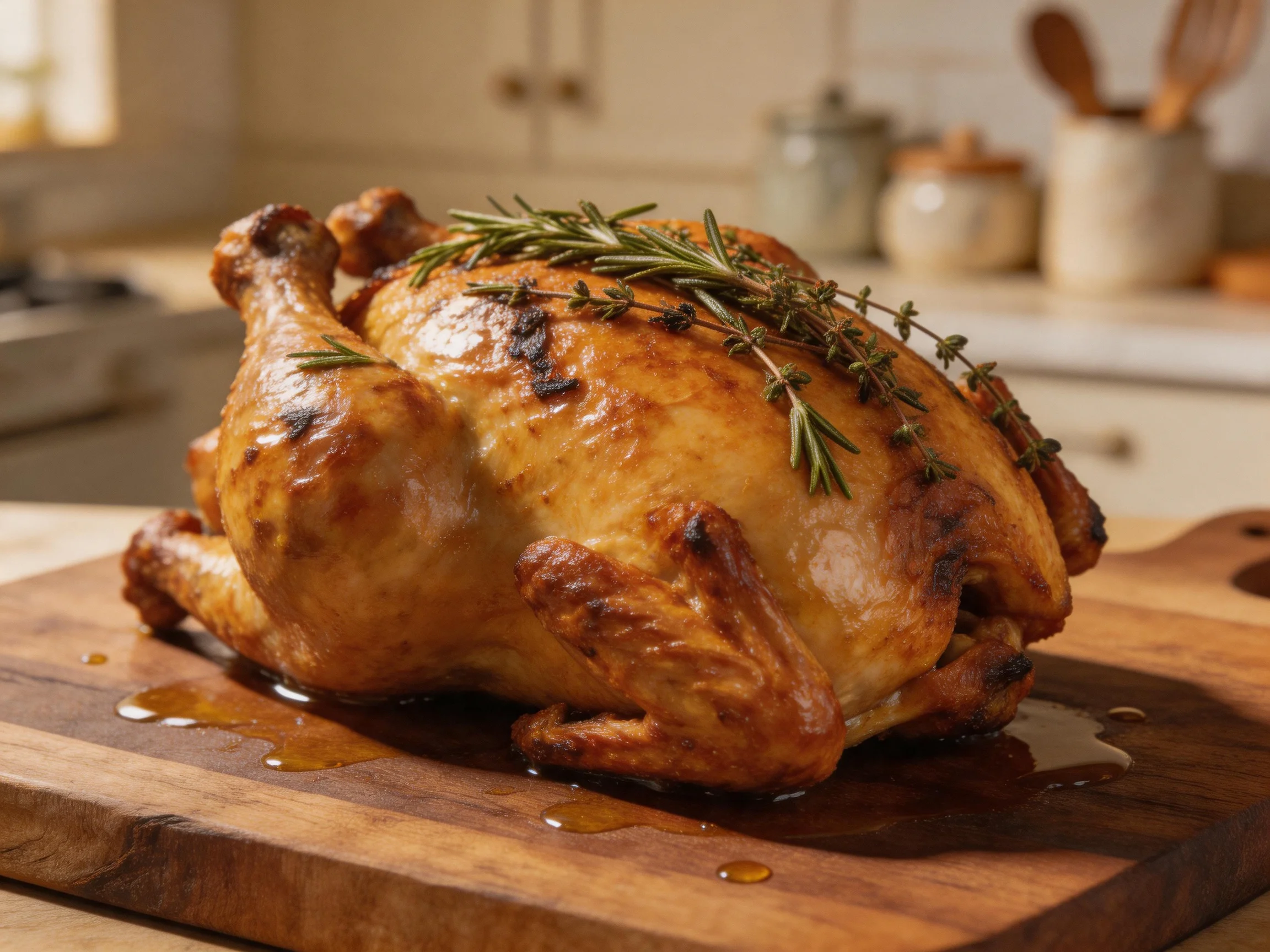 A golden-brown roasted chicken with fresh herbs rests on a wooden cutting board in a cozy kitchen.