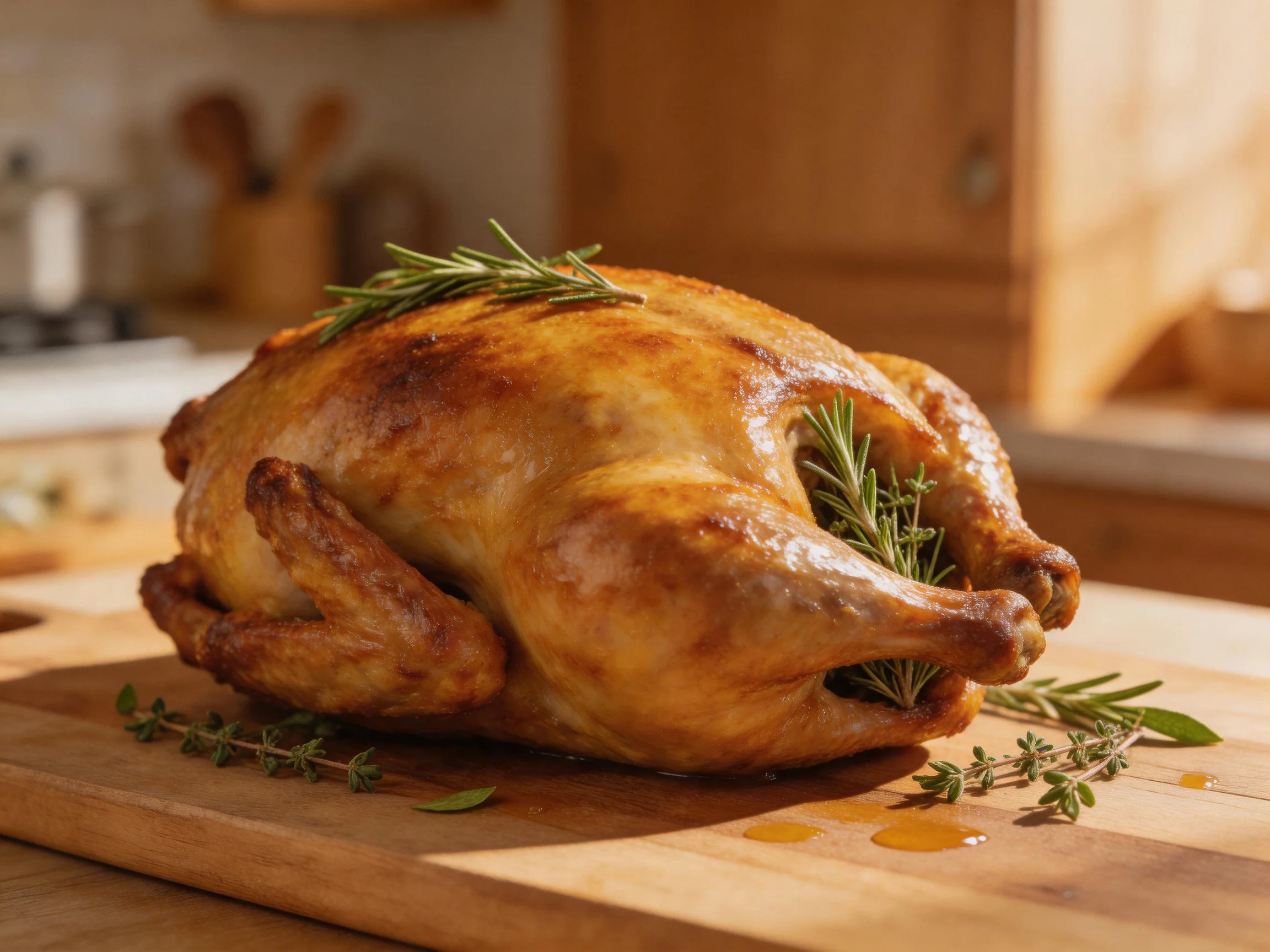 Golden-brown roasted chicken garnished with fresh herbs on a wooden cutting board
