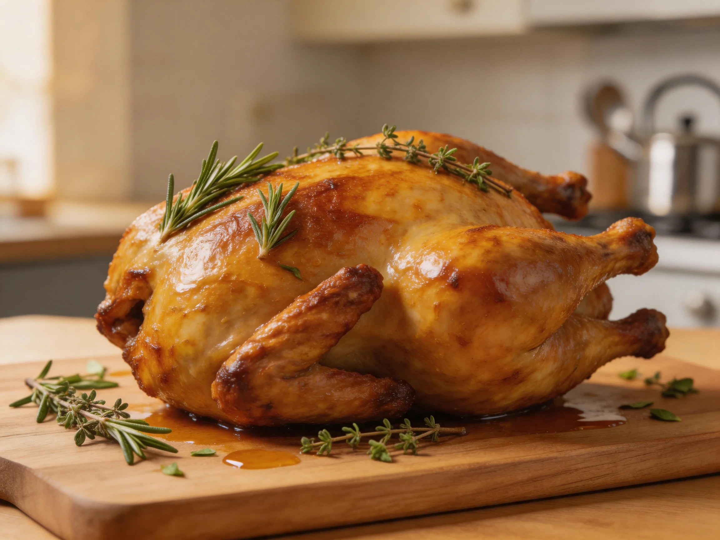 Golden-brown roasted chicken garnished with fresh herbs on a wooden cutting board