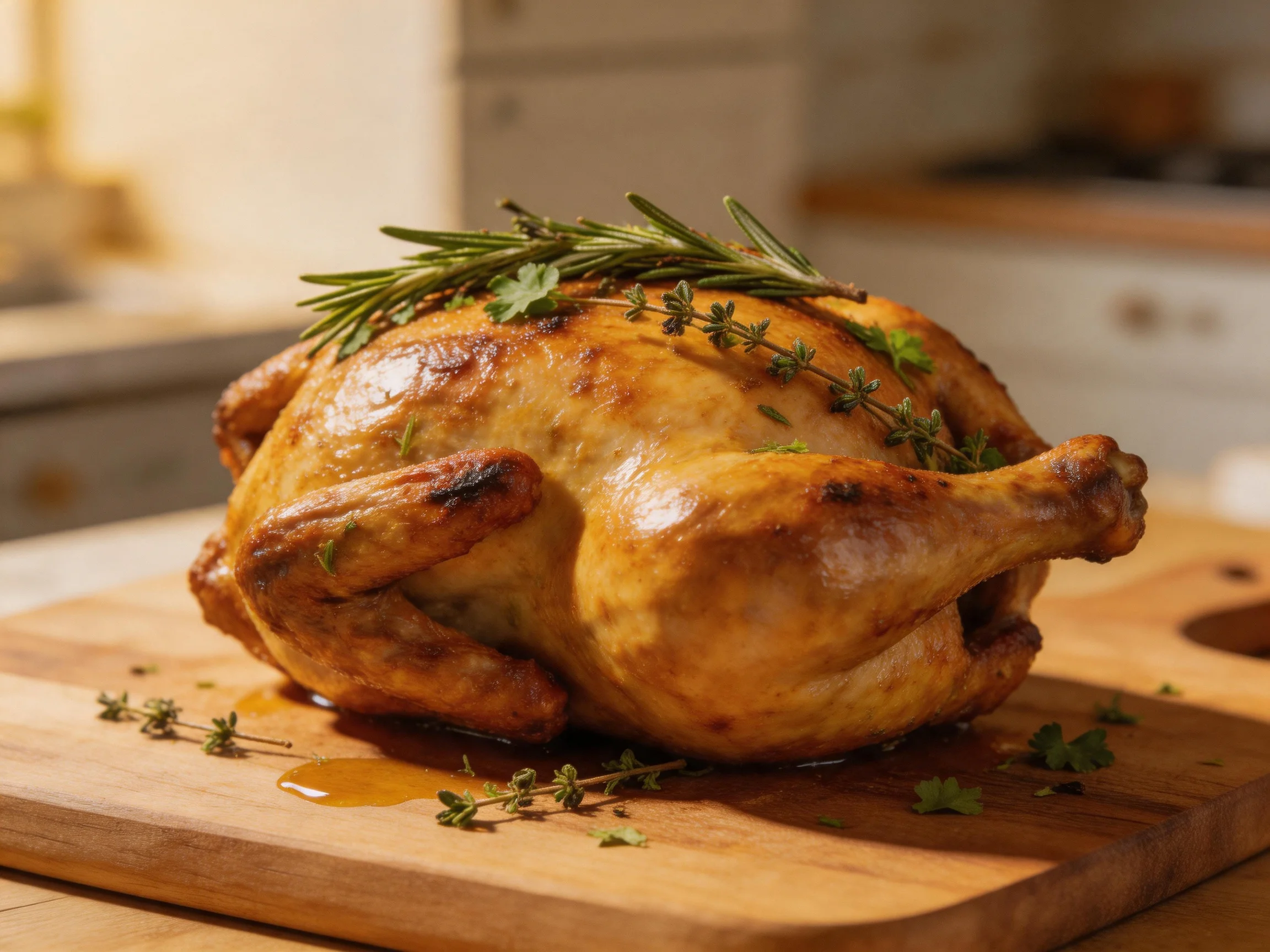Golden-brown roasted chicken garnished with fresh herbs on a wooden cutting board