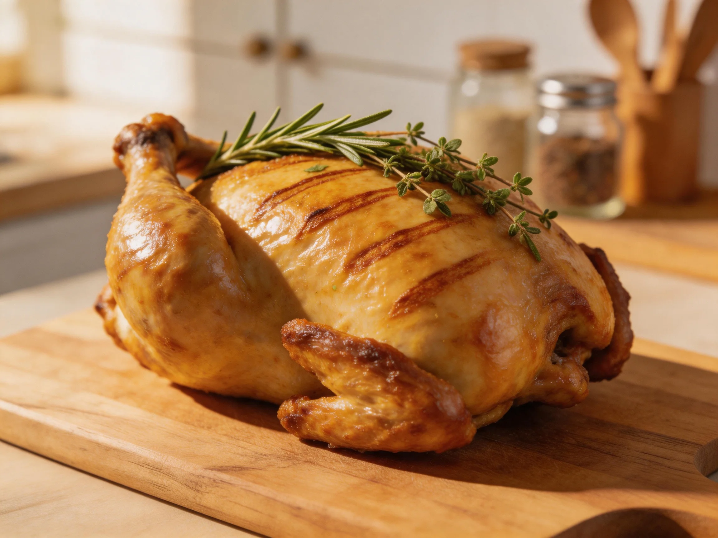 Golden-brown roasted chicken garnished with fresh herbs on a wooden cutting board